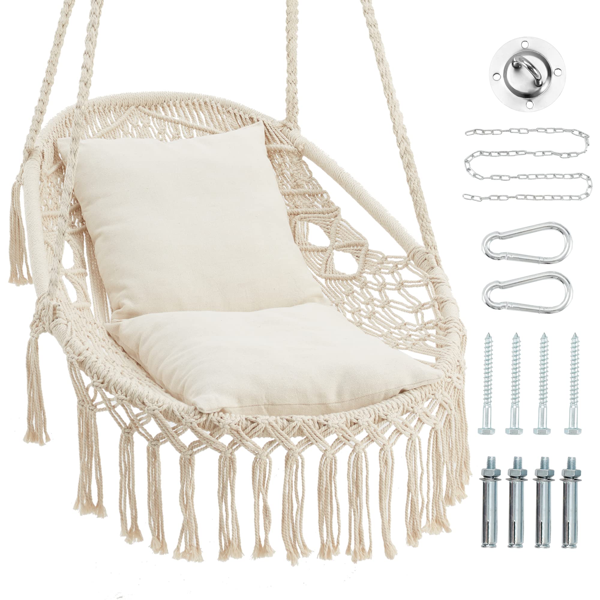 Homgava Macrame Hammock Chair with 2 Cushions - 330LBS Weight Capacity Hanging Rope Swing for Indoor & Outdoor Use - Perfect for Bedroom, Porch, Patio, Garden Relaxation (Beige)
