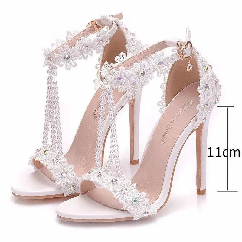 Elegant String Bead Lace Wedding Shoes for Bride – Comfortable Heels for Church Ceremony, Outdoor Photos & Reception