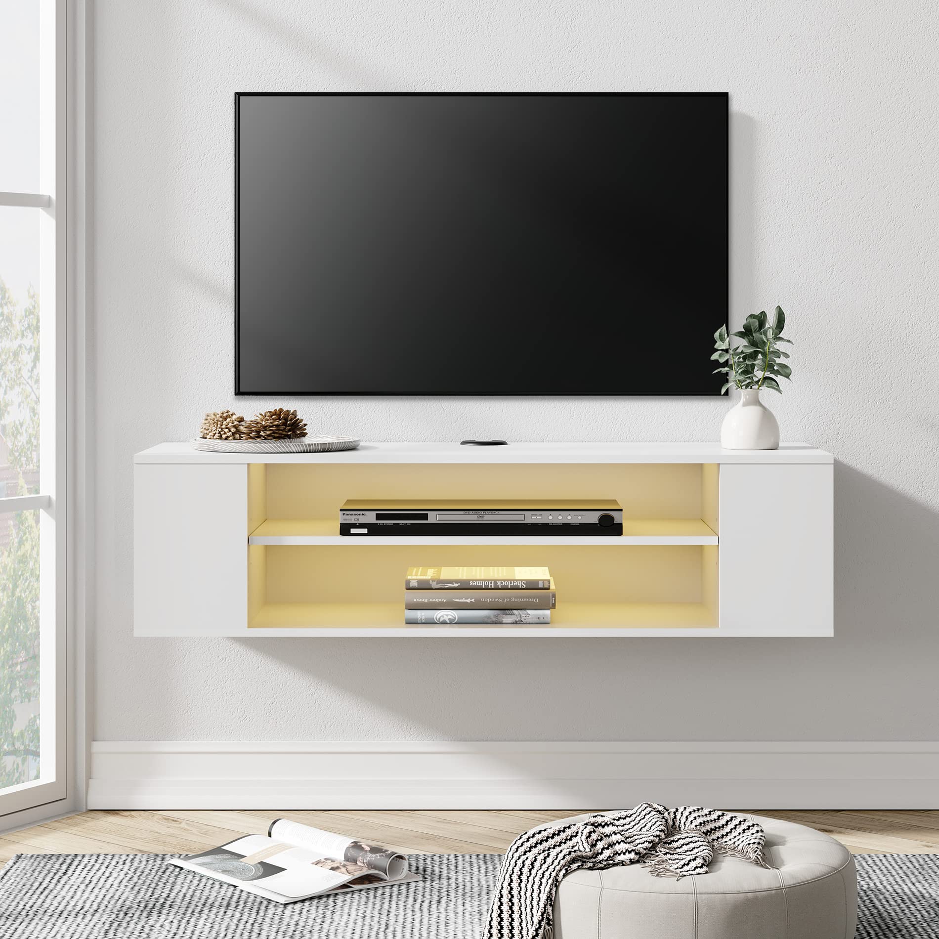 WAMPAT Floating TV Stand with LED Yellow Lights - Wall Mounted Entertainment Center for 32/43/55 inch TVs - Wooden Media Console Storage Cabinet with Under TV Desk - Perfect for Living Room & Bedroom (White)