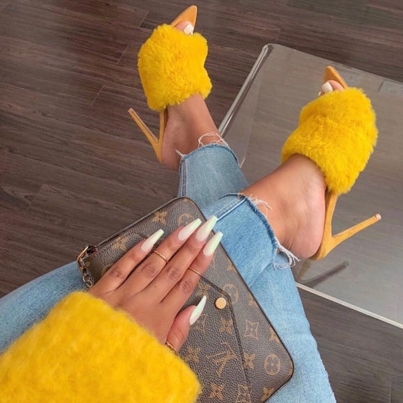 Penelope Fur Stiletto Mules - Women's Luxury Faux Fur Slide Heels for Party, Wedding & Evening Wear - Comfortable High Heel House Slippers for Indoor/Outdoor Use