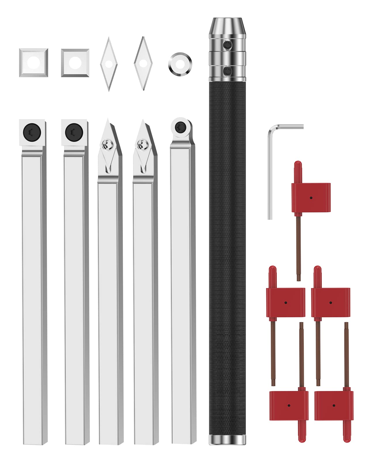 Premium Carbide Lathe Tools Set - 5 Bars + 1 Interchangeable Handle with Carbide Inserts & Wrench - Wood Turning Tools for Professional Woodworkers - Perfect for Bowl Making, Spindle Turning & Furniture Crafting
