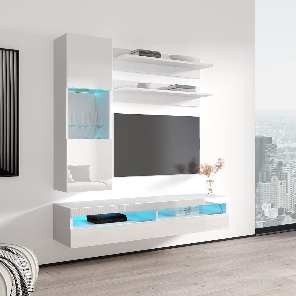 Modern White Wall-Mounted TV Stand with Storage Shelves & LED Lights - Floating Entertainment Center Console for Bedroom & Living Room - Perfect for 35