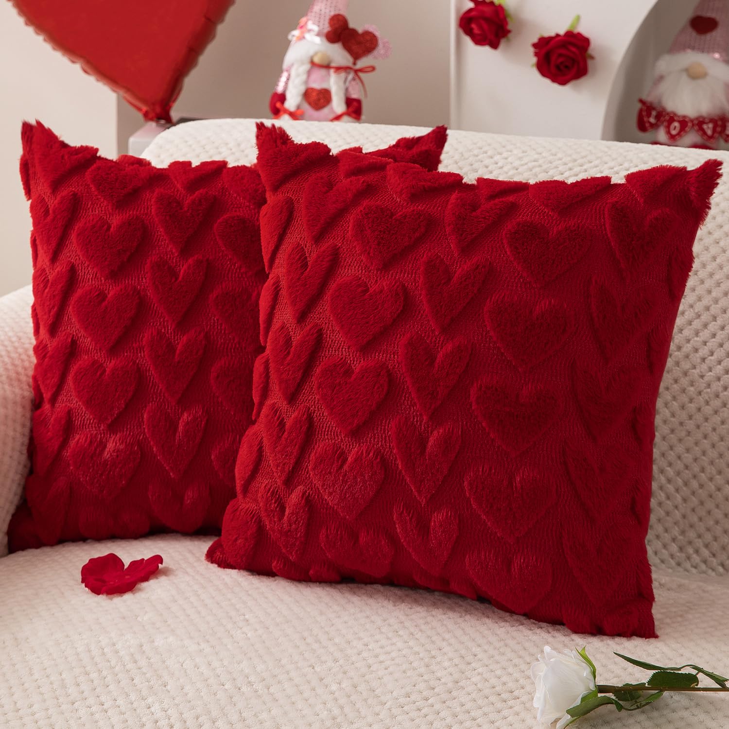Valentine's Day Pillow Covers Set of 2 - 18x18 Inch Red Heart Plush Faux Fur Jacquard Throw Pillows for Sofa, Bedroom, Couch - Romantic Home Decor for Valentine's Day, Christmas, Holidays & Festivals - Perfect for Couples Gift & Cozy Home Decoration