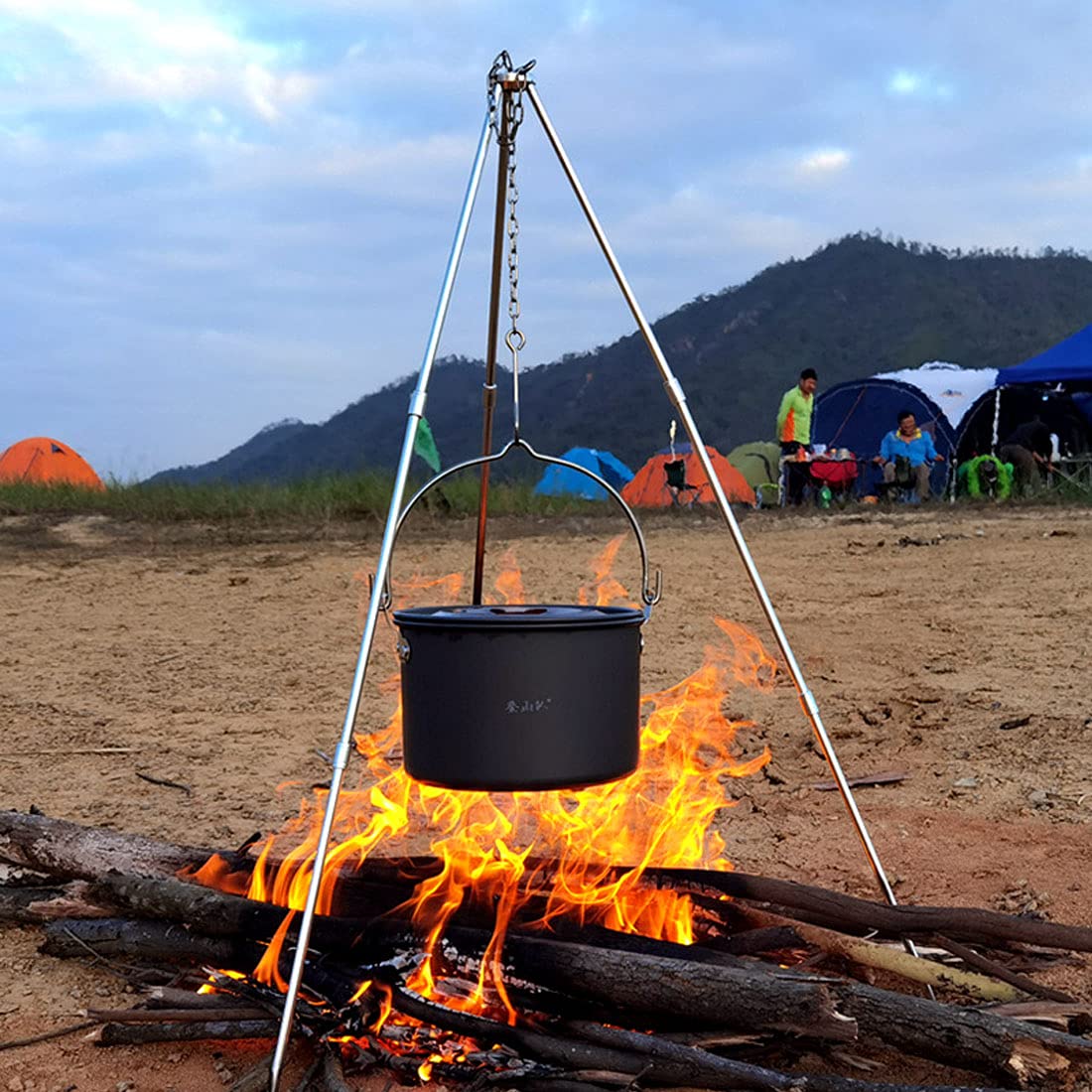 Portable Adjustable Camping Tripod Stand with Dutch Oven & Grill - Compact Outdoor Cooking Tripod Set for Campfire, Backpacking, BBQ - Includes Storage Bag & Lantern Hanger (Perfect for Camping, Hiking, Picnics & Outdoor Adventures)
