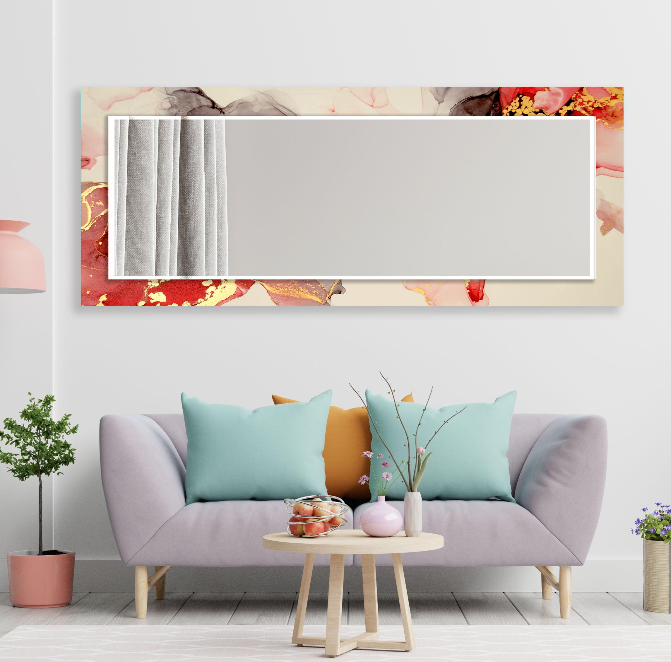 Beige and Gold Accent Wall Mirror with Red Details - Elegant Home Decor for Living Room, Bedroom, or Entryway
