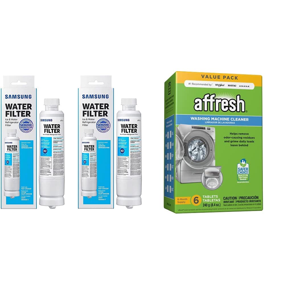 Samsung DA29-00020B-2P Refrigerator Water Filter 2-Pack & Affresh Washing Machine Cleaner 6 Tablets - Compatible with Samsung Fridges and All Washers (HE, Front Load, Top Load) - Keep Appliances Fresh and Clean for Better Performance