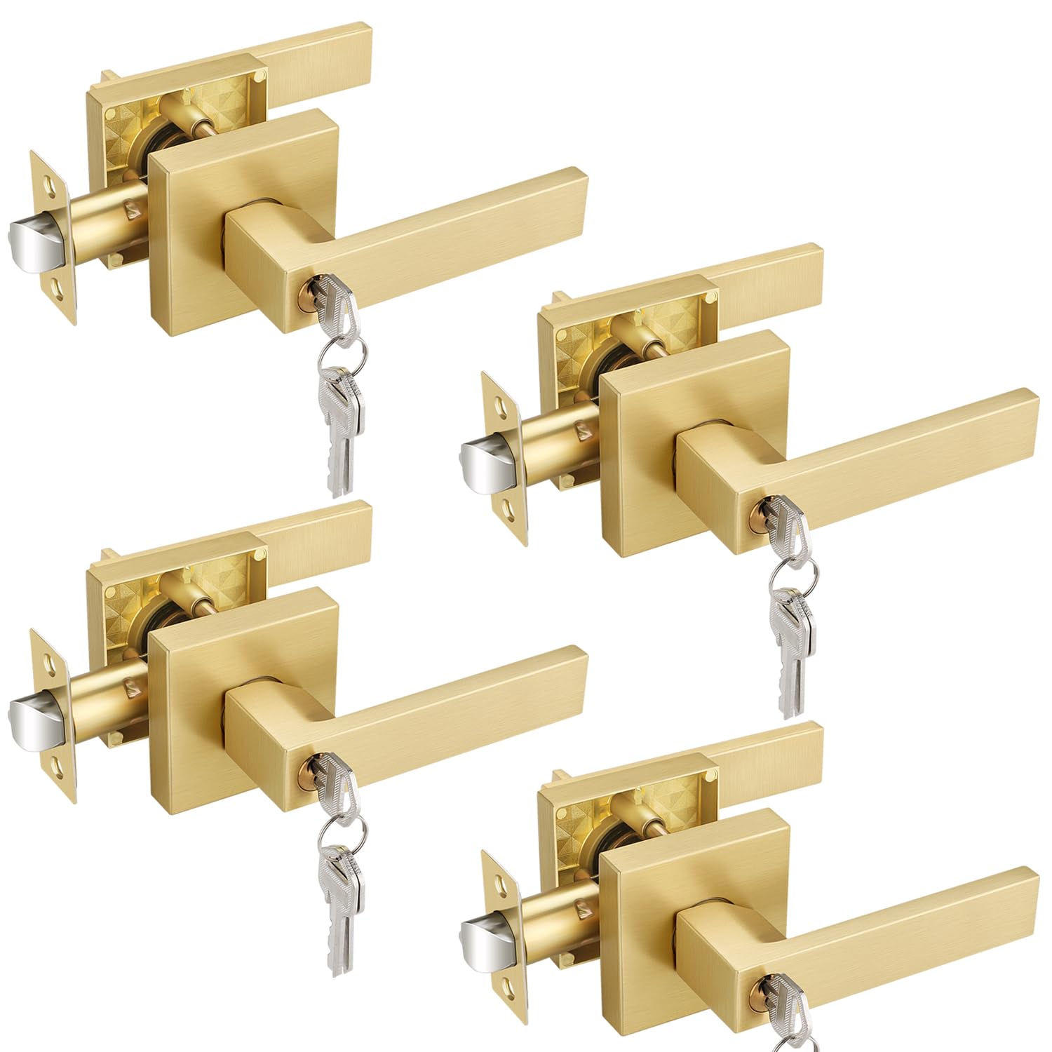 EHOMEWARE 4 Pack Keyed Alike Entry Door Handles with Lock - Gold Door Lever Set for Indoor & Outdoor Use - Bedroom, Bathroom & Exterior Doors - Includes Keys for Home Security & Convenience