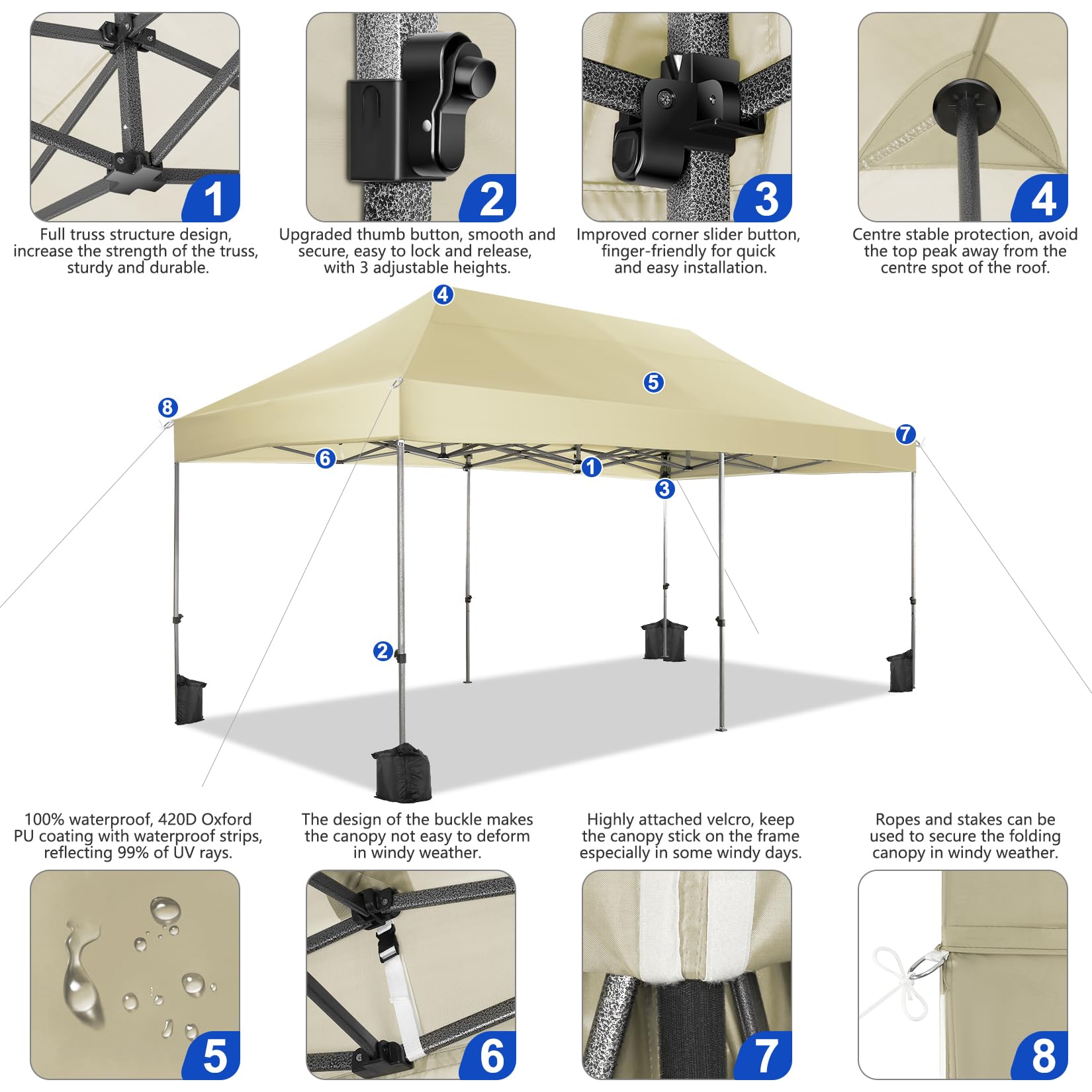 COBIZI 10x20 Heavy Duty Pop Up Canopy Tent with 6 Sidewalls - UPF 50+ Waterproof All-Weather Commercial Gazebo for Outdoor Events, Weddings & Parties - Includes Roller Carry Bag (Khaki) - Perfect for Backyard BBQs, Farmers Markets & Beach Gatherings