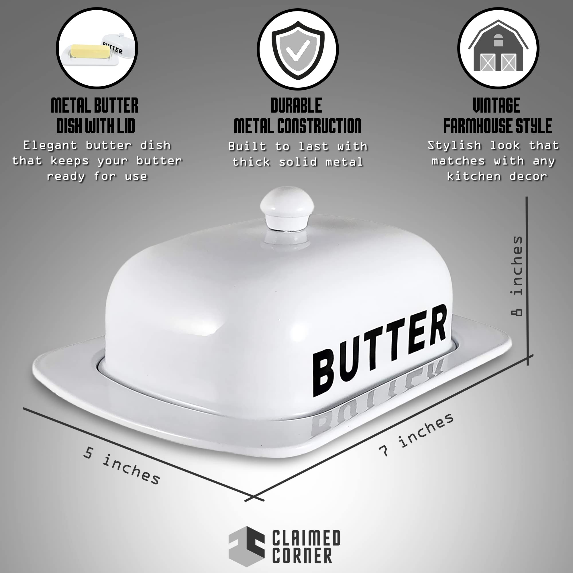Premium White Metal Storage Canisters & Butter Dish - Airtight Kitchen Containers for Flour, Sugar, Coffee & Spice Organization | Elegant Home Decor for Pantry, Countertop & Dining Table Display