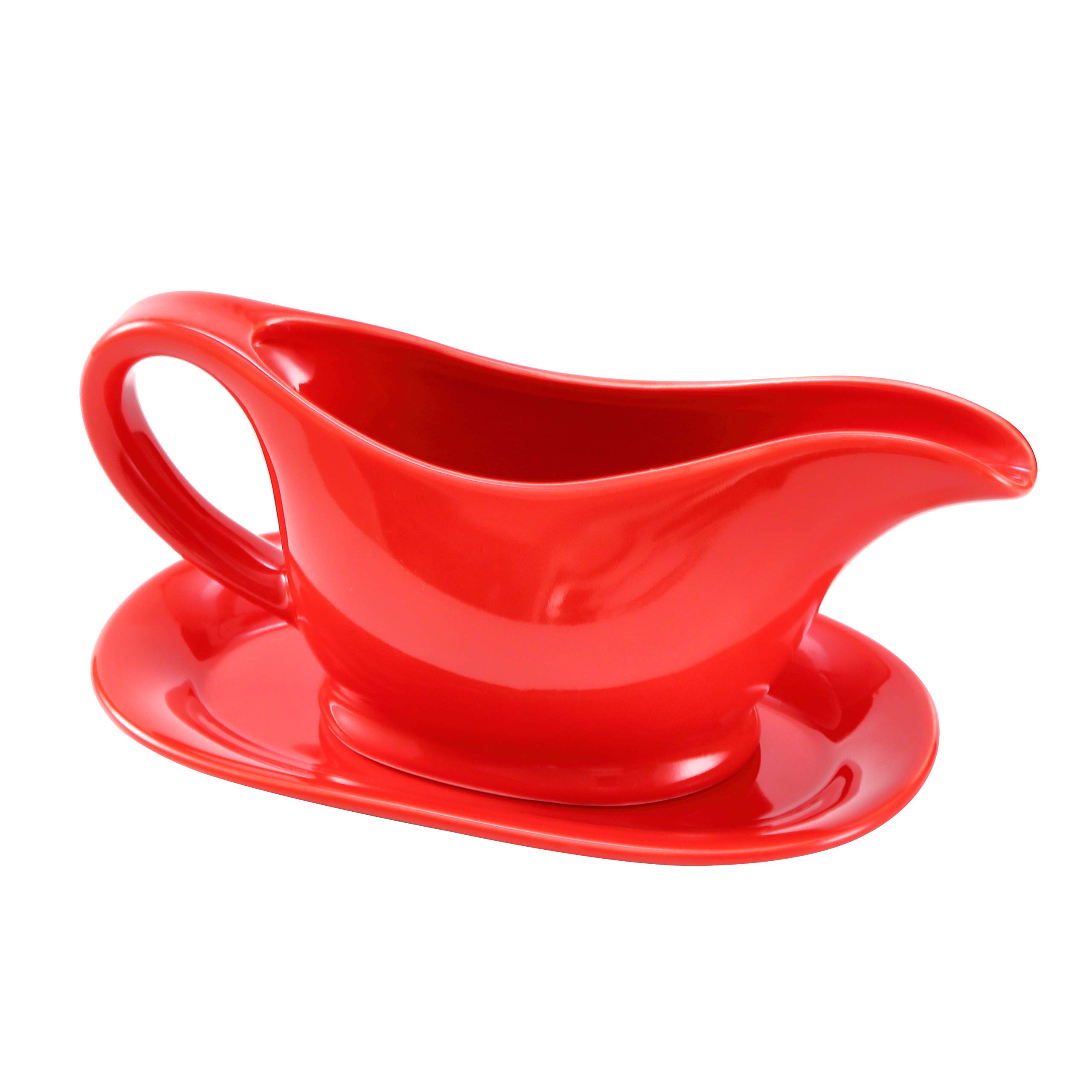 Bruntmor 11 Oz Red Ceramic Gravy Boat with Tray - Elegant Sauce Dispenser & Serving Dish for Thanksgiving, Dinner Parties & Holiday Meals - Perfect for Gravy, Syrup & Condiments