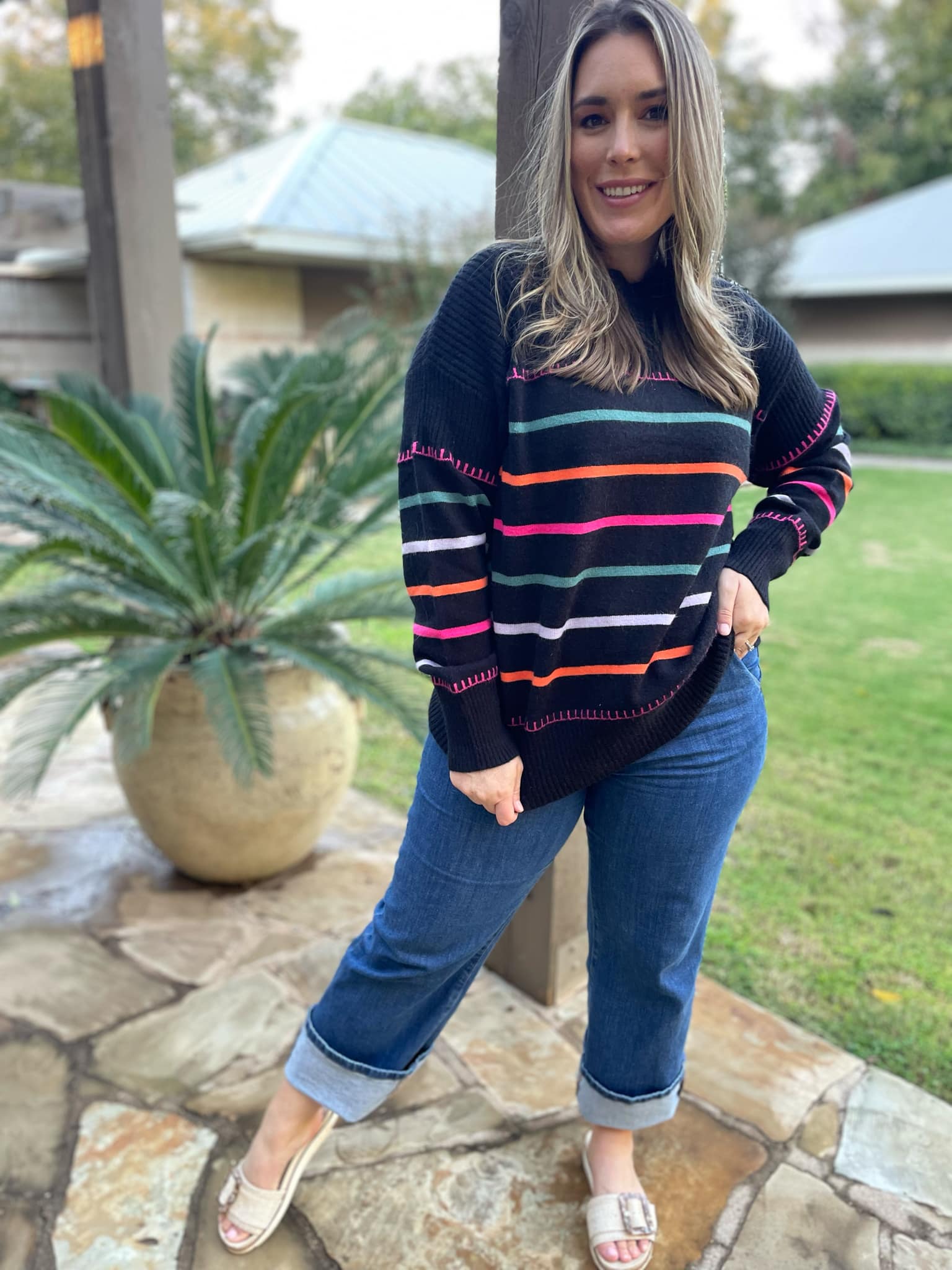 PREORDER: Striped Sweater for Women - Soft & Cozy Pullover in 2 Colors (Happy & Navy) - Perfect for Casual Outfits, Fall Layering & Holiday Gatherings
