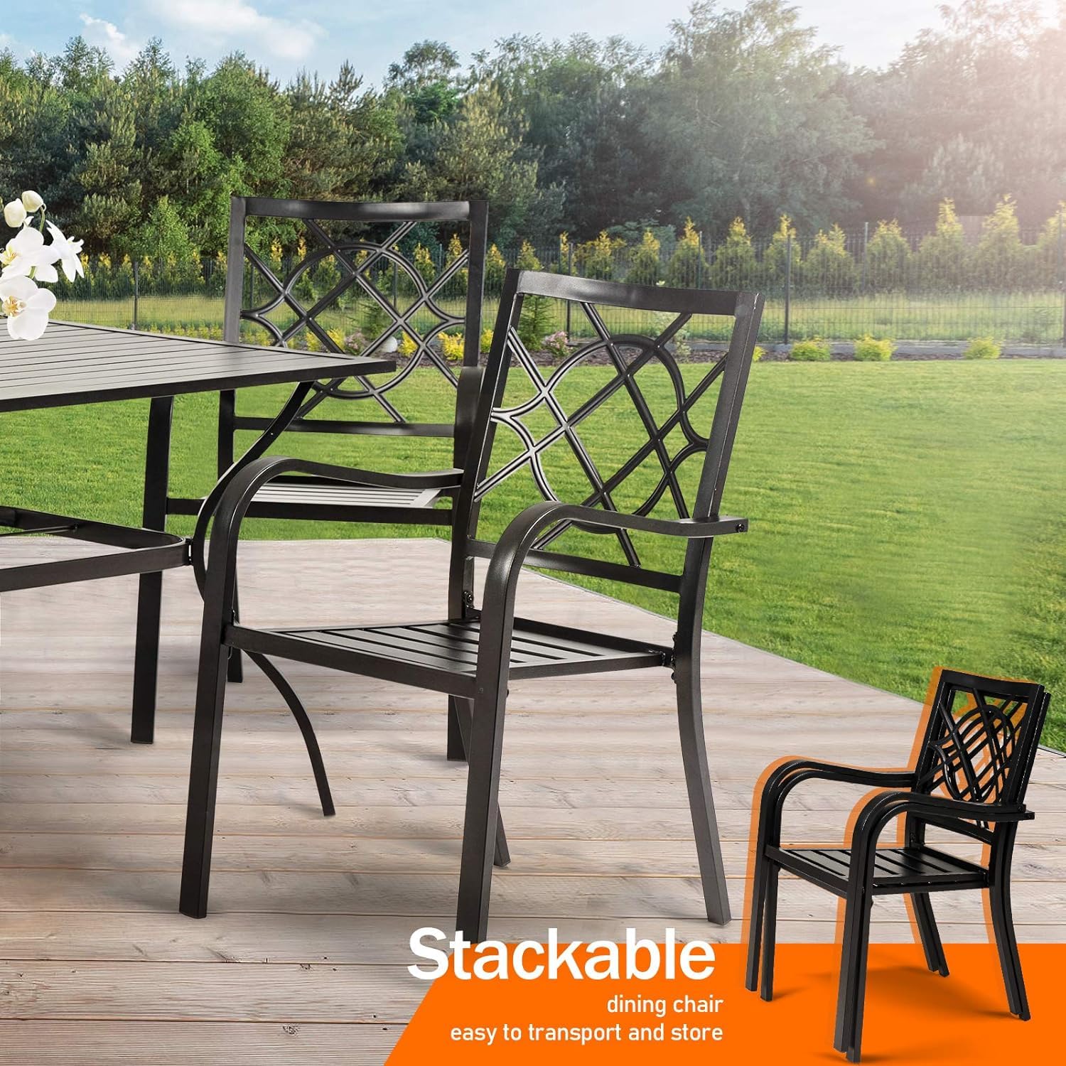 Wrought Iron Patio Outdoor Dining Chairs Set of 2 - Portable Black Stackable Metal Bistro Chairs for Garden, Backyard, Lawn - Indoor & Outdoor Use - Supports 300 lbs - Perfect for Dining, Lounging, and Entertaining