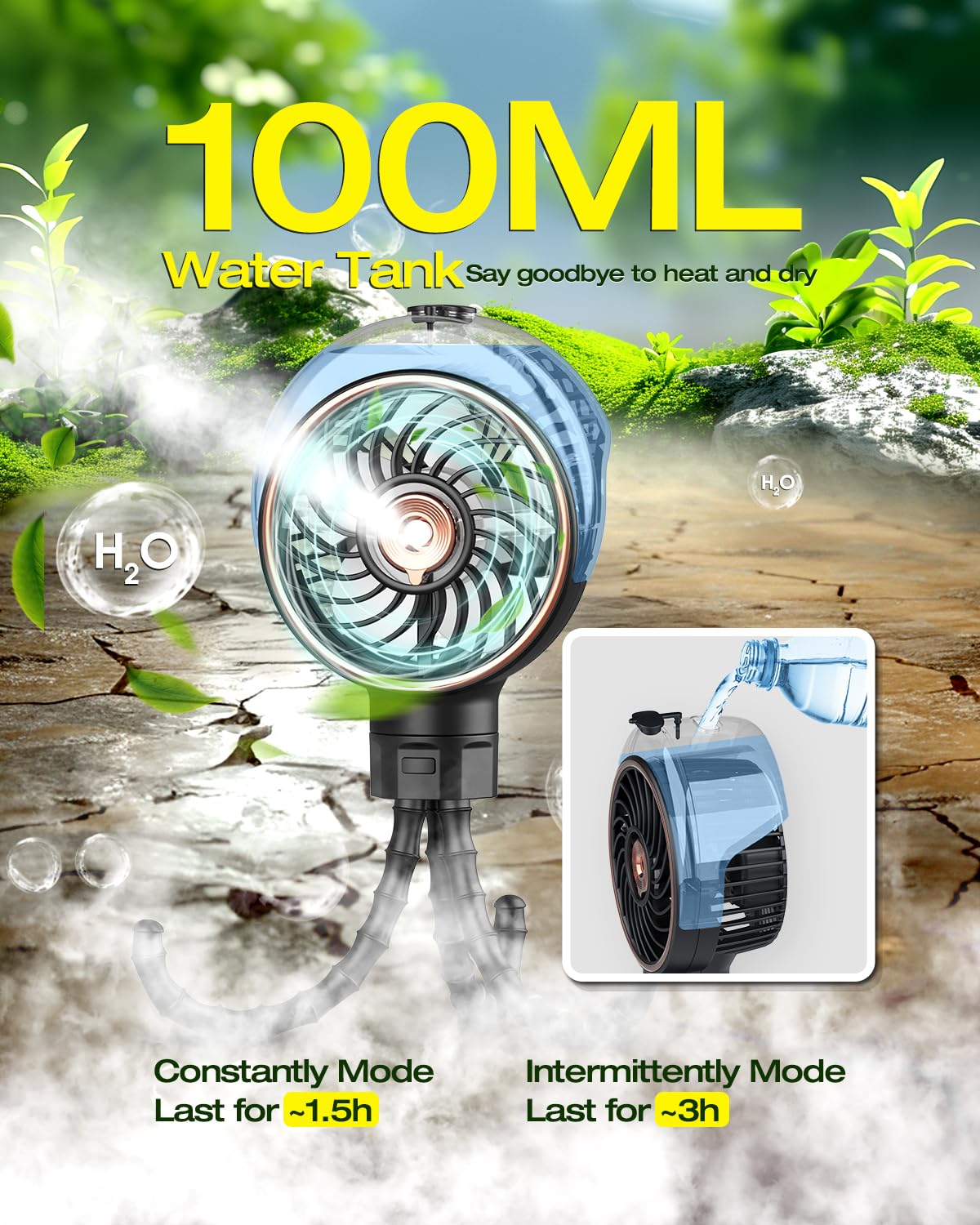 Portable Misting Baby Stroller Fan with 100ml Water Tank - Clip On Cooling Fan for Outdoor, Crib, Car Seat & Travel | Detachable Tripod, Handheld & Desk Use for Home, Office, Gym & Treadmill Workouts