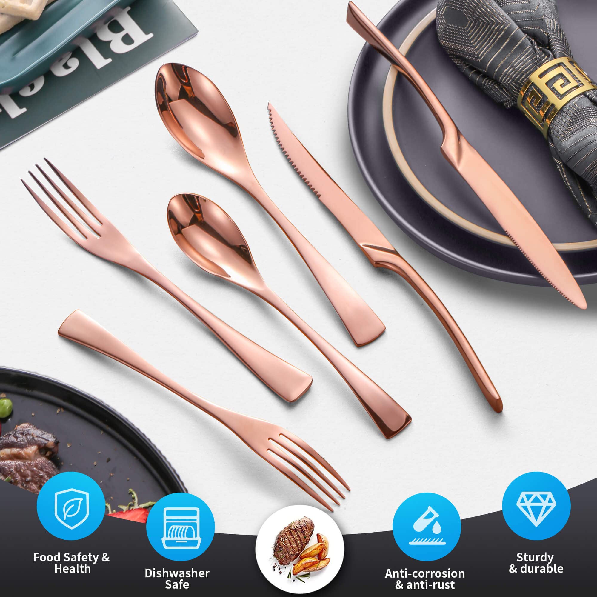 24-Piece Rose Gold Silverware Set with Steak Knives - Forged 18/10 Stainless Steel Cutlery Set for 4 - Modern Heavy Duty Flatware Utensils Set - Dishwasher Safe - Perfect for Dinner Parties, Weddings & Everyday Dining