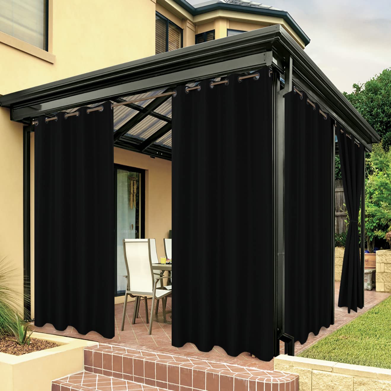BONZER 84x120 Inch Black Waterproof Outdoor Curtains - Sun Blocking Privacy Patio Porch Pergola Cabana Curtain Panels for Bedroom Living Room - Perfect for Shade, Wind Protection & Home Decor