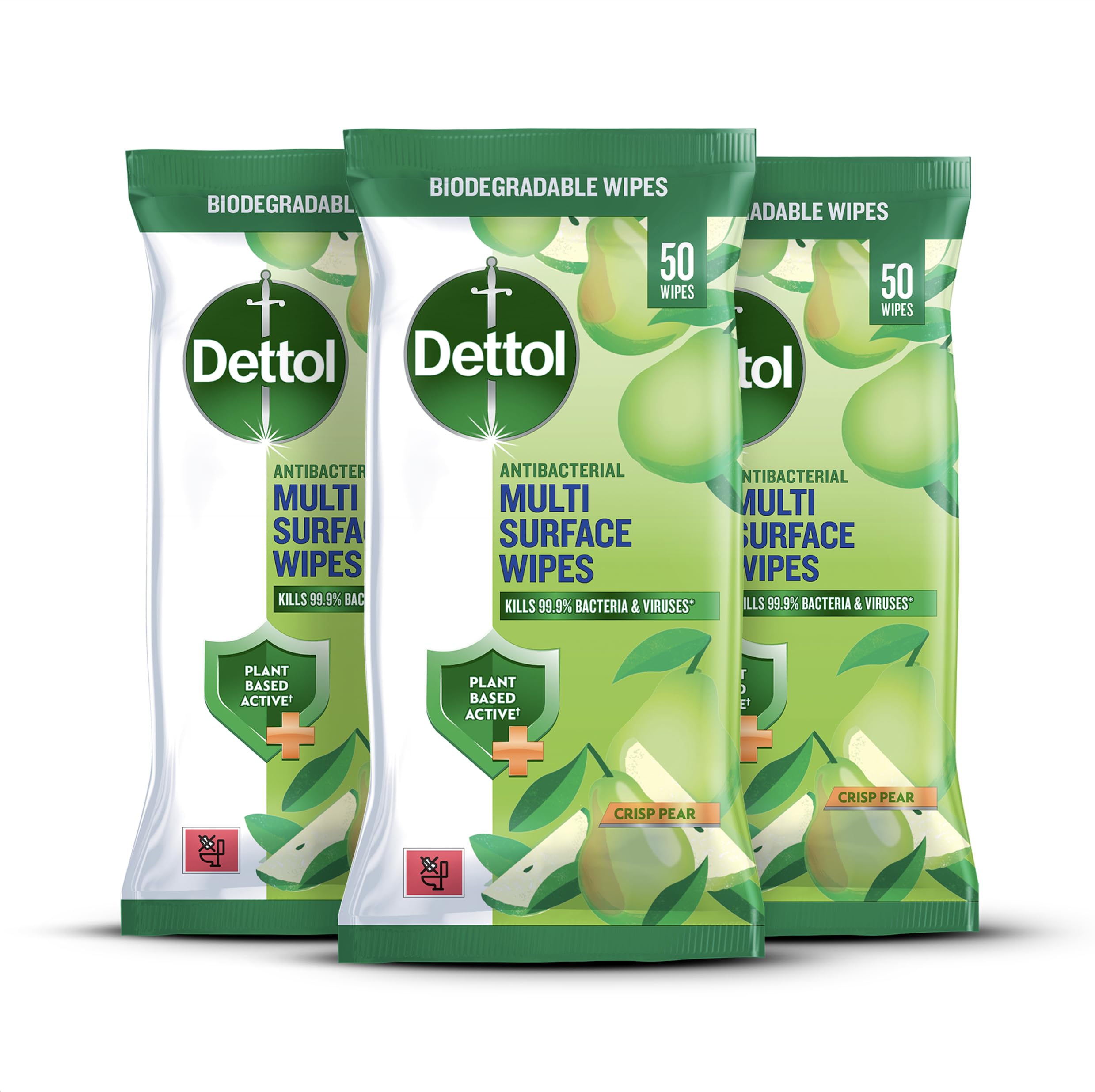 Dettol Antibacterial Multi-Surface Cleaning Wipes | Plant-Based Formula | Crisp Pear Scent | 3-Pack (50 Wipes Each) | Kills 99.9% Germs | Perfect for Kitchen, Bathroom & Office Disinfection