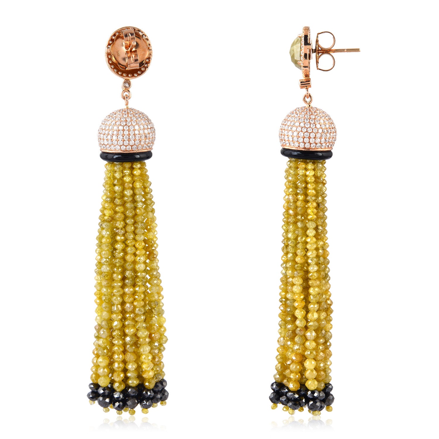 18k Rose Gold Onyx Beaded Ice Diamond Designer Tassel Earrings - Elegant Dangle Earrings for Women, Perfect for Parties, Weddings & Special Occasions