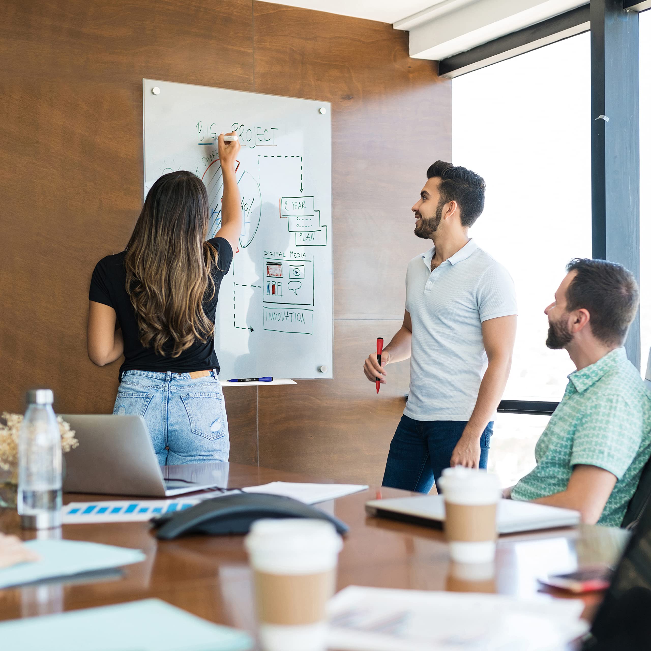 SCRIBBLEDO 46 x 34 Inch Frameless Glass Whiteboard - Large Frosted Dry Erase Board for Office, Home & School - Wall Mount with Marker Tray - Perfect for Meetings, Presentations & Home Organization