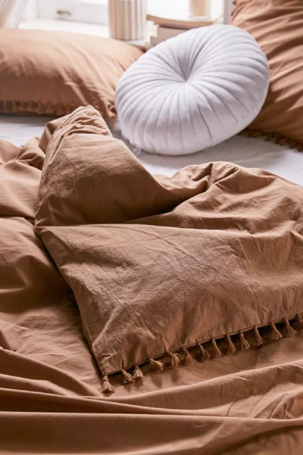Boho Tassel Duvet Cover Set with Fringes - Queen Size Washed Cotton Comforter Cover in Cinnamon - Oversized Bohemian Bedding for Cozy Bedroom Decor & Guest Room Styling