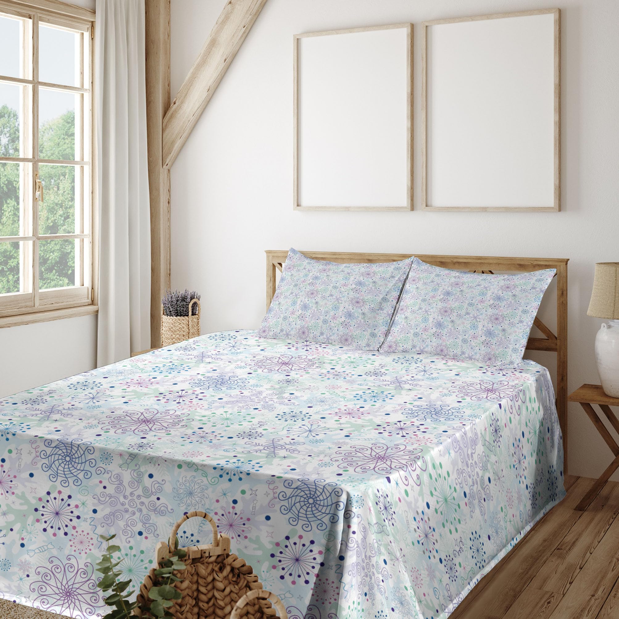 Ambesonne Winter Sheet Set - Pastel Abstract Snowflakes & Curls 4-Piece King Size Bedding (Fitted Sheet, Flat Sheet, 2 Pillowcases) - Blue Green Lavender - Cozy Warm Bedroom Decor for Cold Nights