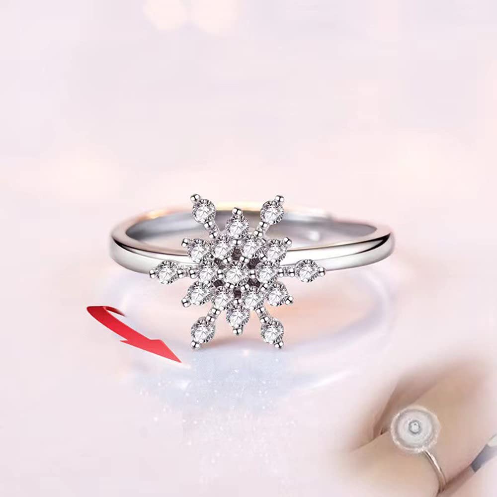 Christmas Snowflake Open Band Rings for Women - Cubic Zirconia Spinner Rings for Anxiety Relief, Adjustable Stackable Fashion Jewelry - Perfect Birthday, Xmas Gifts & Stress Relief Accessories for Daily Wear