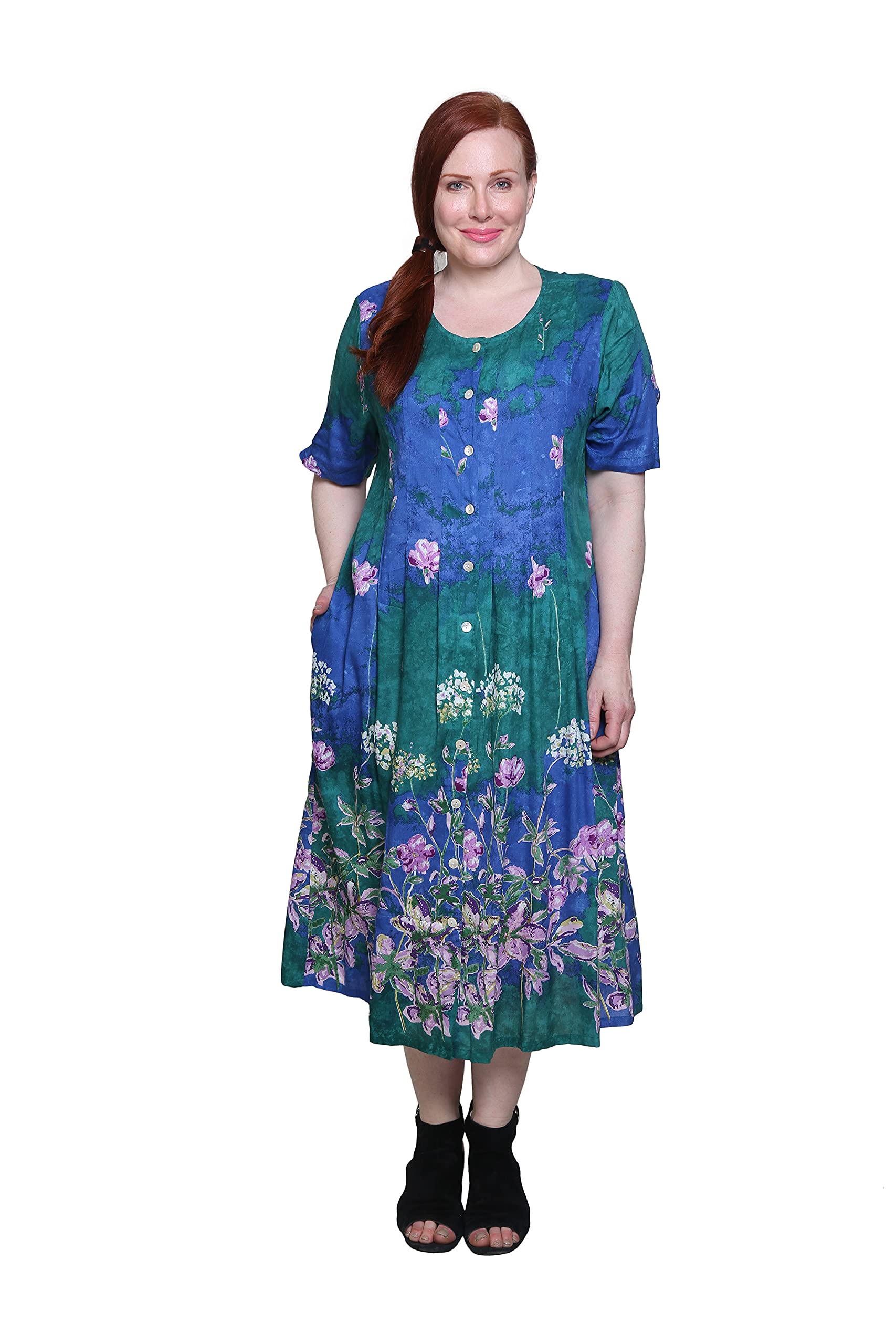 LA CERA Women's Half Sleeve Round Neck Cotton Button-Down Dress - Casual Summer Flowy Dress for Beach, Office & Date Night