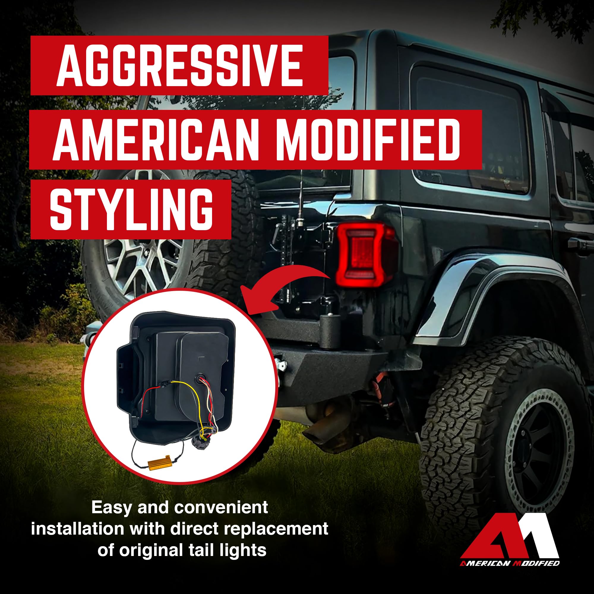 AMERICAN MODIFIED LED Tail Lights with 4 Signal Functions - Compatible with 2018-2023 Jeep Wrangler JL, Red Lens V2 - Perfect for Off-Roading & Night Driving