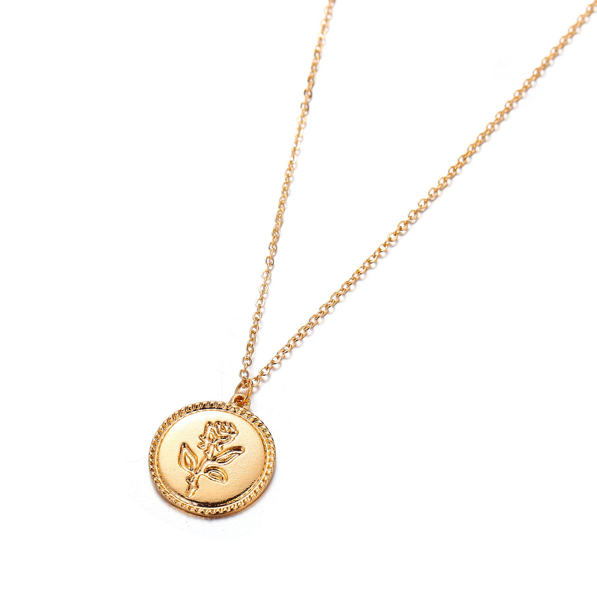Gold Alloy Rose Flower Lava Rock Pendant Necklace for Women - Elegant Round Disc Coin Jewelry with Natural Stone - Perfect for Date Night, Wedding & Everyday Wear