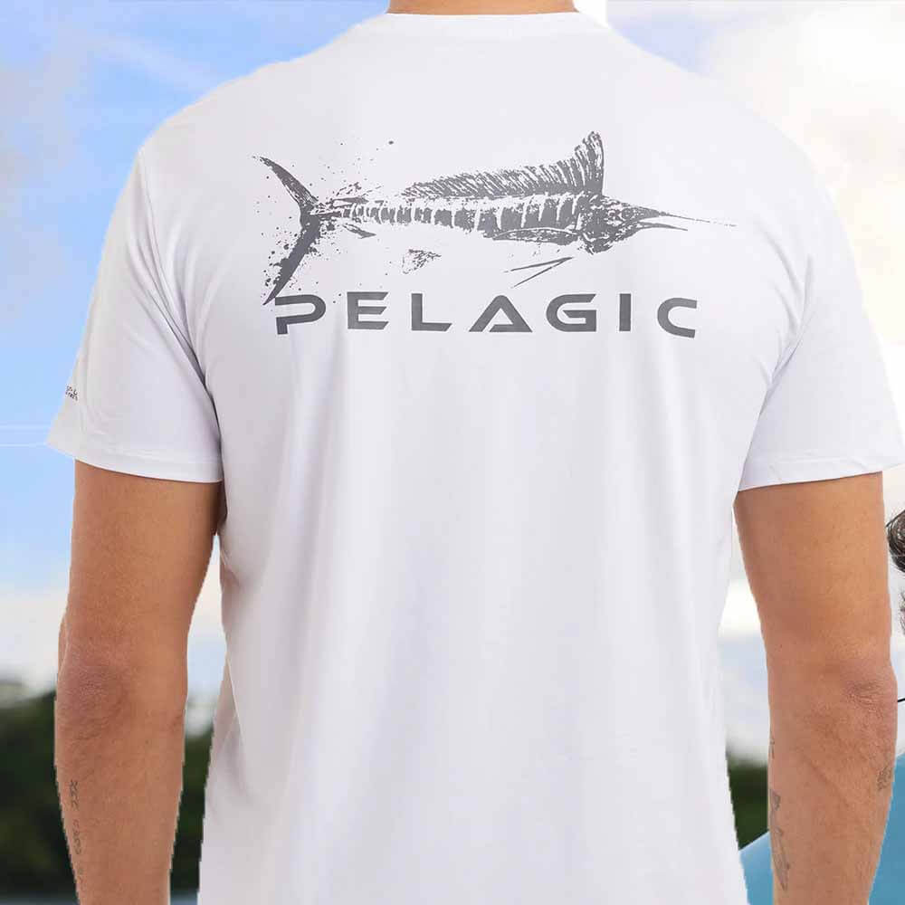 Pelagic White Stratos Gyotaku Performance Fishing Shirt - Breathable Quick-Dry UV Protection for Saltwater & Freshwater Anglers