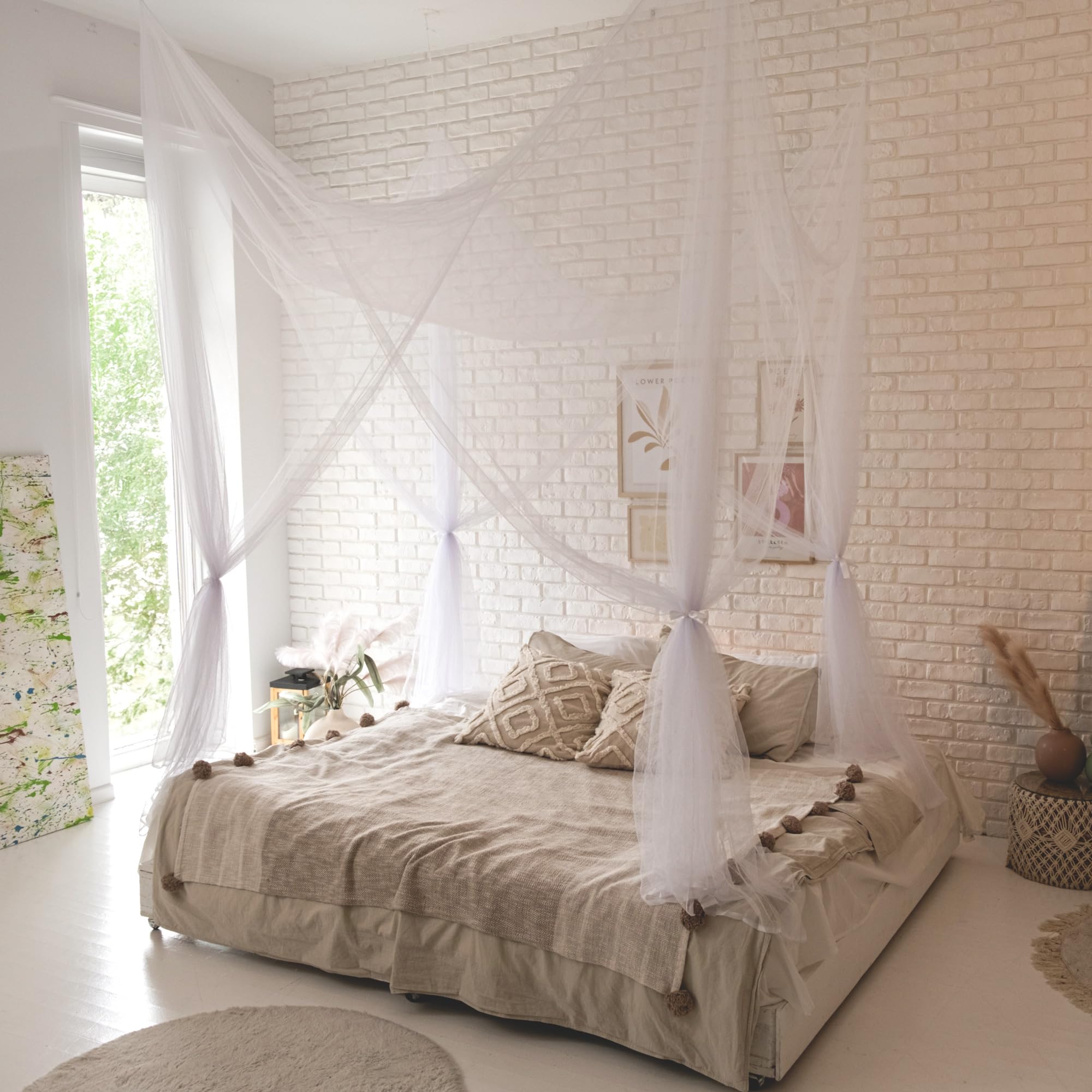 White Canopy Bed Curtains with LED Lights - Romantic Ceiling or Bed Frame Drapes for Girls & Adults | Fits Single/Full/Double/Queen Beds | Perfect for Princess Bedroom Decor, Wedding Nights & Cozy Reading Nooks