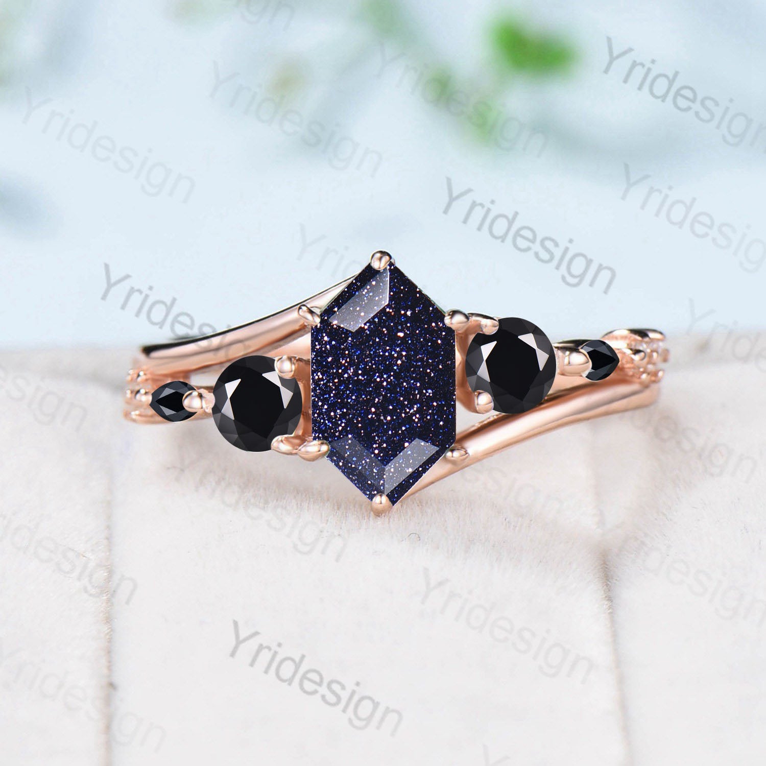 Hexagon Blue Sandstone Engagement Ring – Split Shank Goldstone Wedding Band with 5 Black Spinel Stones | Unique Handmade Proposal Gift for Women | Perfect for Anniversaries, Valentine's Day & Special Occasions