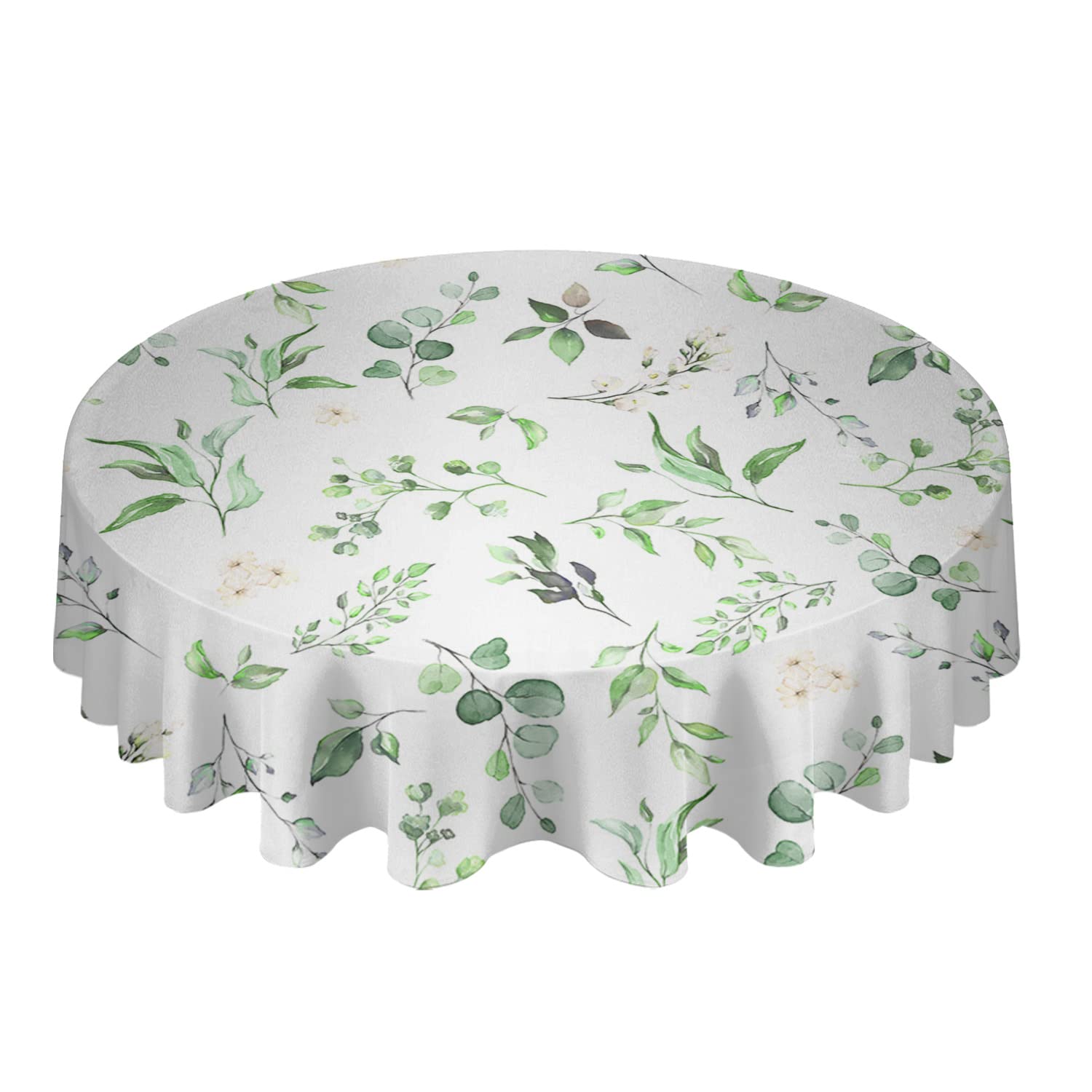 60 Inch Round Waterproof Vinyl Tablecloth - Botanical Leaves & Floral Watercolor Design - Oil-Proof Spillproof Kitchen Table Cover for Indoor Outdoor Dining, Picnics, Parties & Daily Use