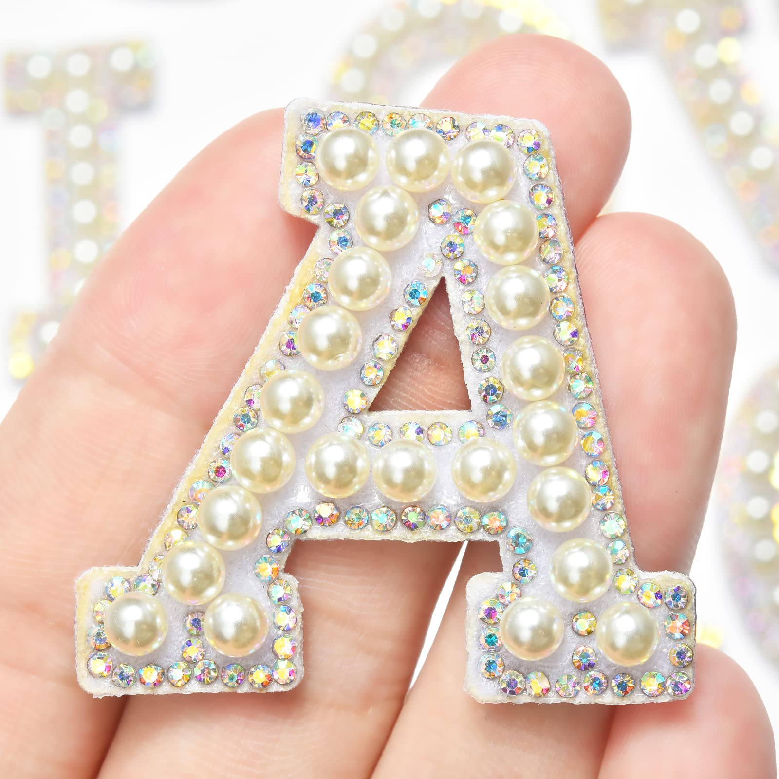 Self-Adhesive Pearl Glitter Rhinestone Letter Patches - 26Pcs A-Z Alphabet Iron-On Stickers for Clothing, Bags, Hats DIY - White Pearl Letter Decals for Fashion, Crafts & Custom Apparel Design