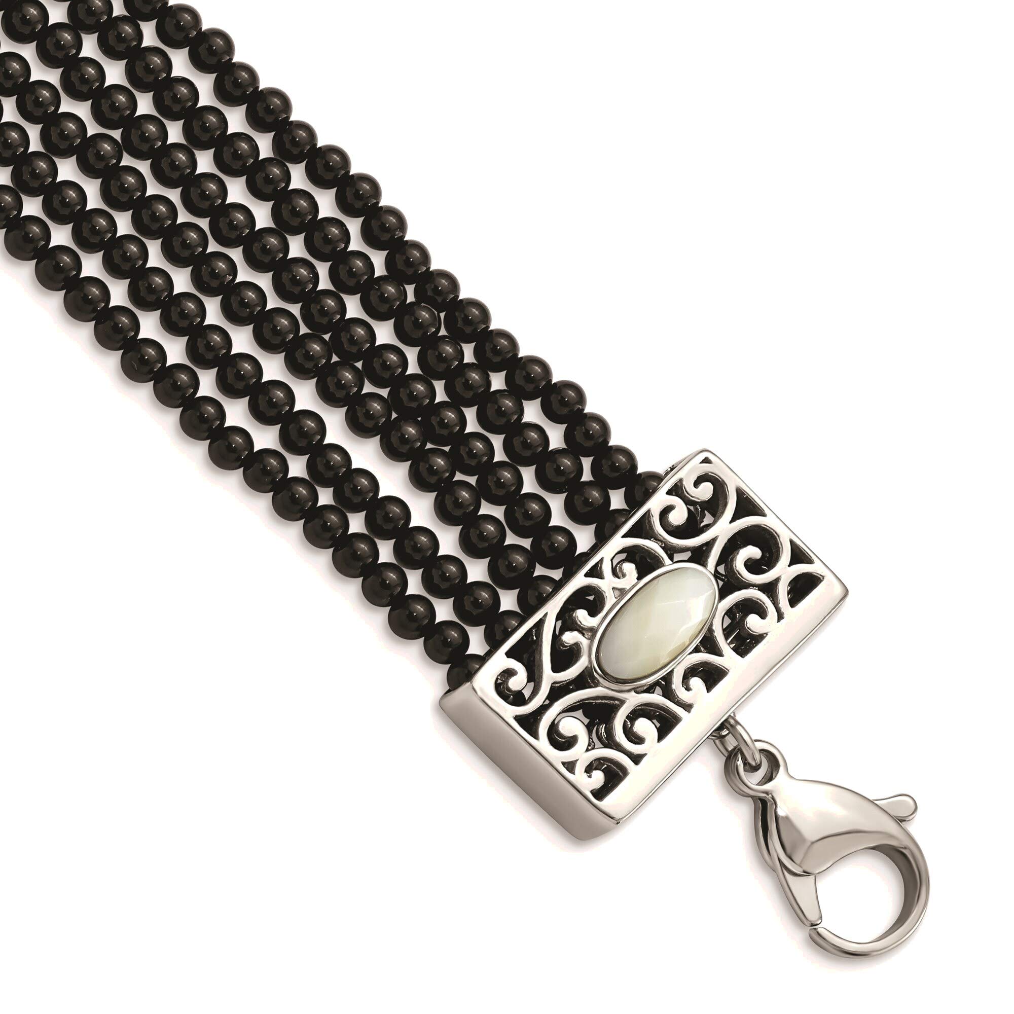 Bonyak Stainless Steel Jewelry Bracelet with Polished Mother of Pearl & Black Onyx - Adjustable 1.50 Inch Extension - Elegant Gift for Women, Perfect for Weddings, Parties & Everyday Wear