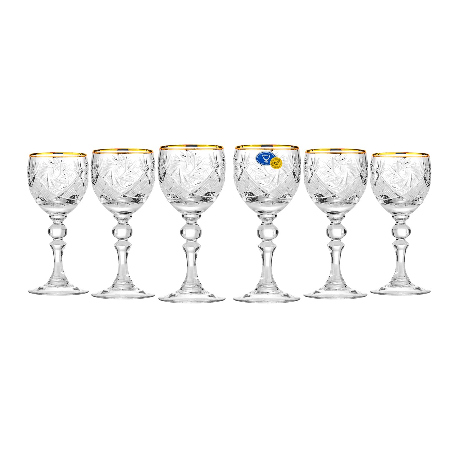 Premium Russian Cut Crystal Glasses Set - Elegant 2.25oz (65ml) Sherry Gold Rimmed Drinking Glasses, Set of 6 for Wine Tasting, Cocktail Parties & Special Events - Perfect for Weddings, Anniversaries & Upscale Entertaining