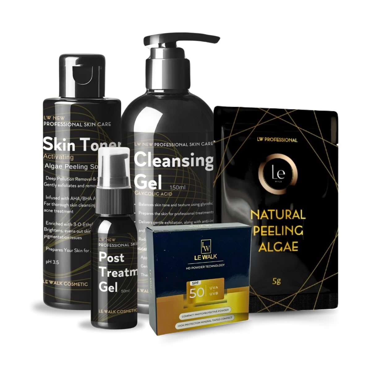 Professional 5-Piece Skincare Set with Algae Peeling Kit, Toner, Cleansing Gel, Post Treatment Gel & SPF50 Powder - Complete Daily Face Care Routine for Glowing Skin