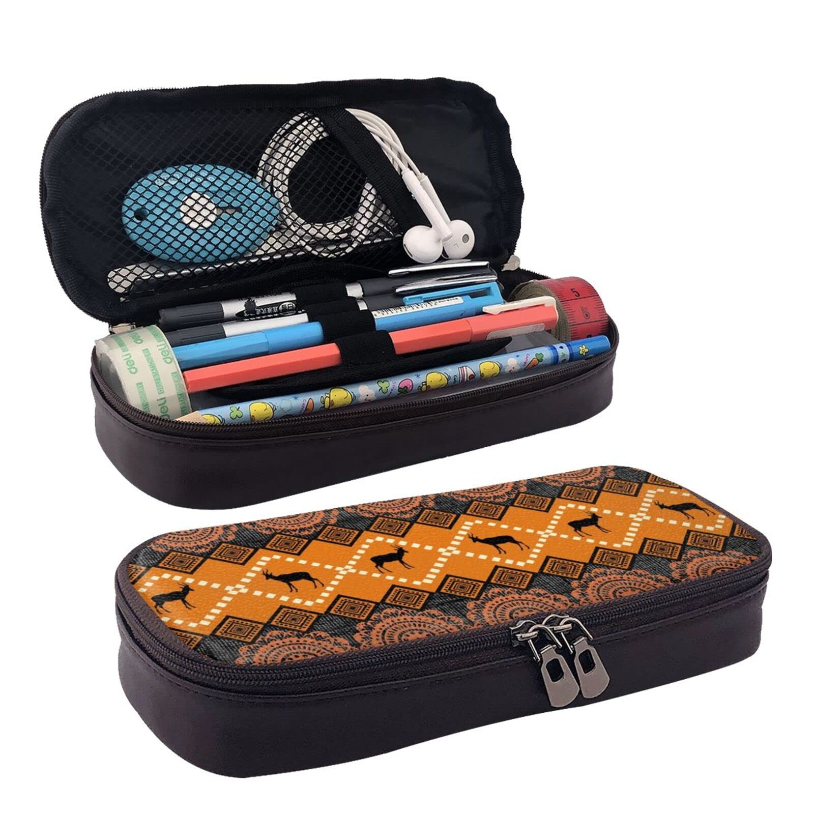 Large Capacity PU Leather Pencil Case with East African Patterns - School & Office Stationery Organizer for Pens, Pencils, Markers - Perfect for Middle School, High School, College Students & Back to School Gifts