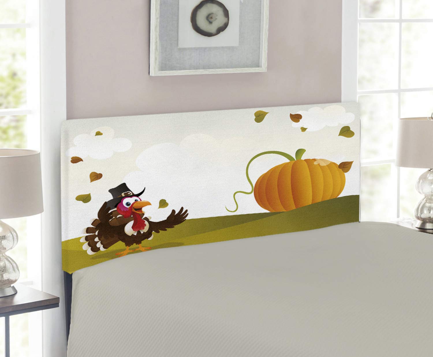 Ambesonne Turkey Headboard - Happy Pilgrim Poultry Animal Design with Giant Pumpkin on Green Farmland Hills - Upholstered Decorative Metal Bed Frame with Memory Foam - Twin Size Multicolor Headboard for Farmhouse, Thanksgiving, or Rustic Bedroom Decor