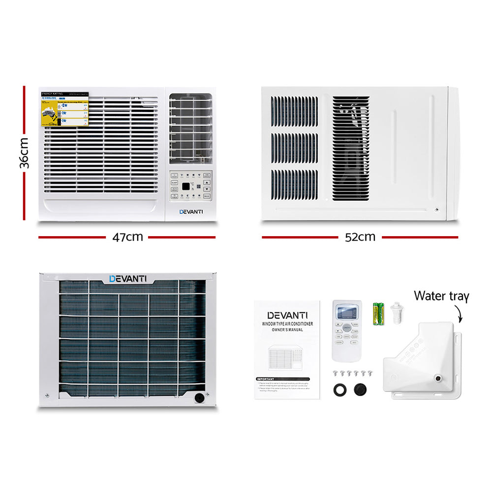 Devanti 6000 BTU Window Air Conditioner - 1.7kW Cooling Power - Energy Efficient AC Unit for Small Rooms (12-15 sqm) - Perfect for Bedrooms, Offices, and Apartments