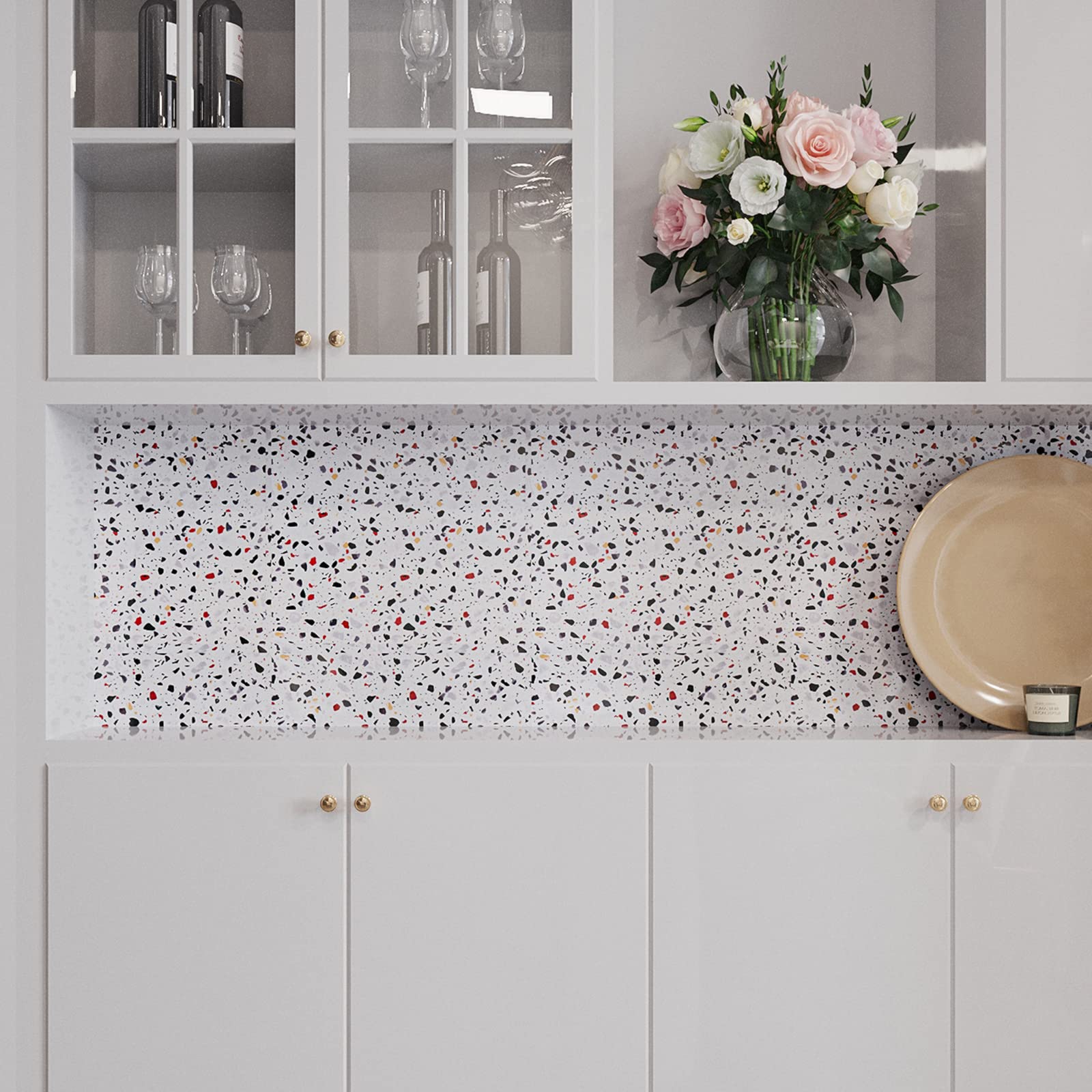 VEELIKE 15.7''x118'' Glossy Terrazzo Contact Paper - Waterproof Self-Adhesive Marble Countertop Cover | Peel and Stick Vinyl Wallpaper for Kitchen Countertops, Bathroom Walls, Shelves & Drawer Liners | Easy DIY Home Decor Upgrade