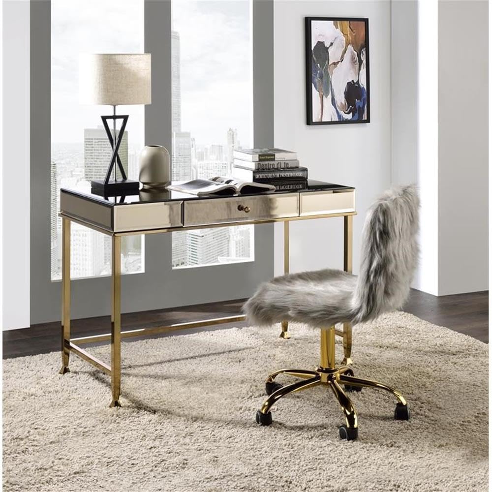 Acme Canine Rectangular Wood Top Writing Desk - Smoky Mirrored & Champagne Finish | Perfect for Home Office, Study, or Dorm Room Workspace