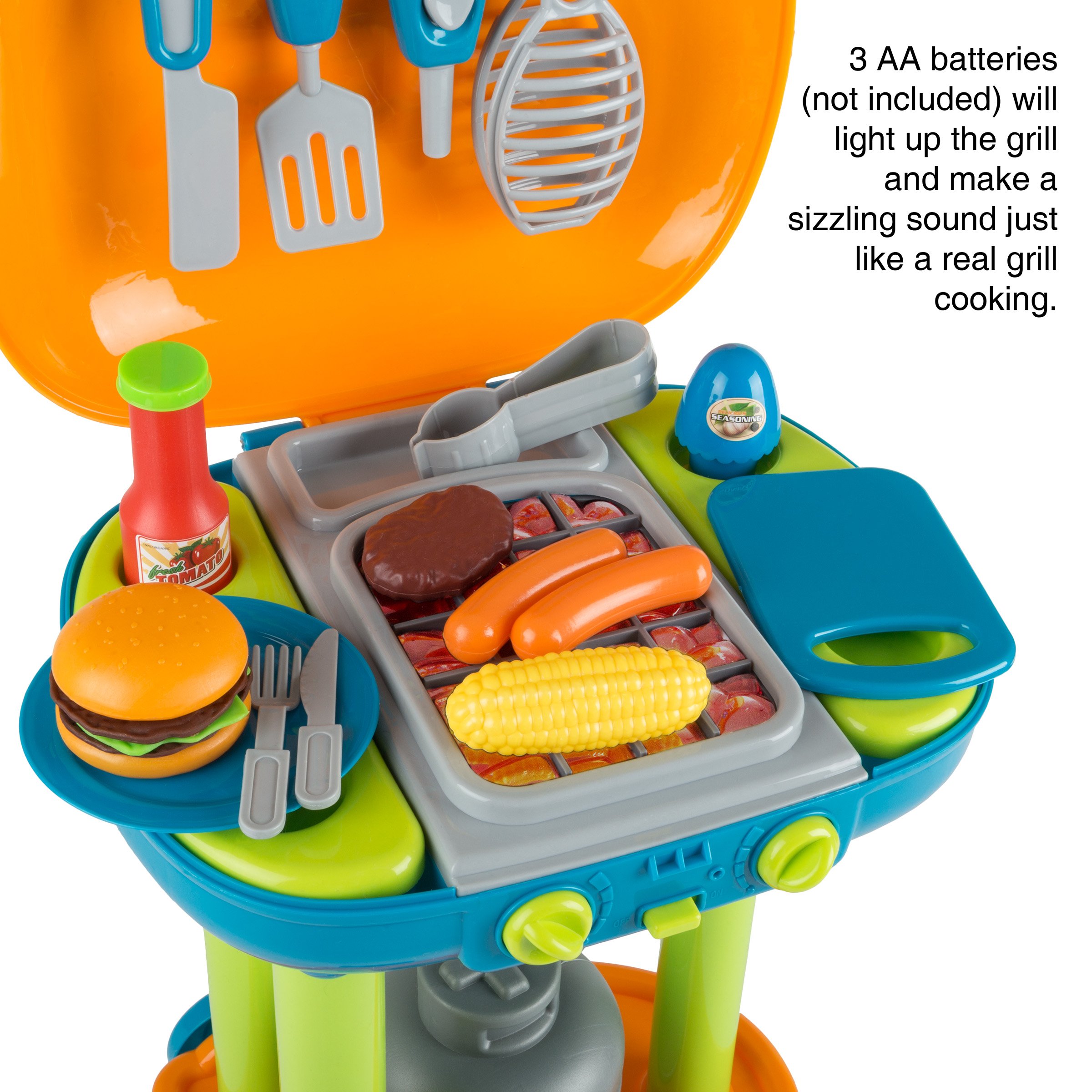 Hey! Play! Interactive BBQ Grill Toy Set with Lights, Sounds & Wheels - Realistic Play Kitchen Accessories & Toy Food for Kids - Perfect for Pretend Play, Outdoor Picnics & Birthday Gifts