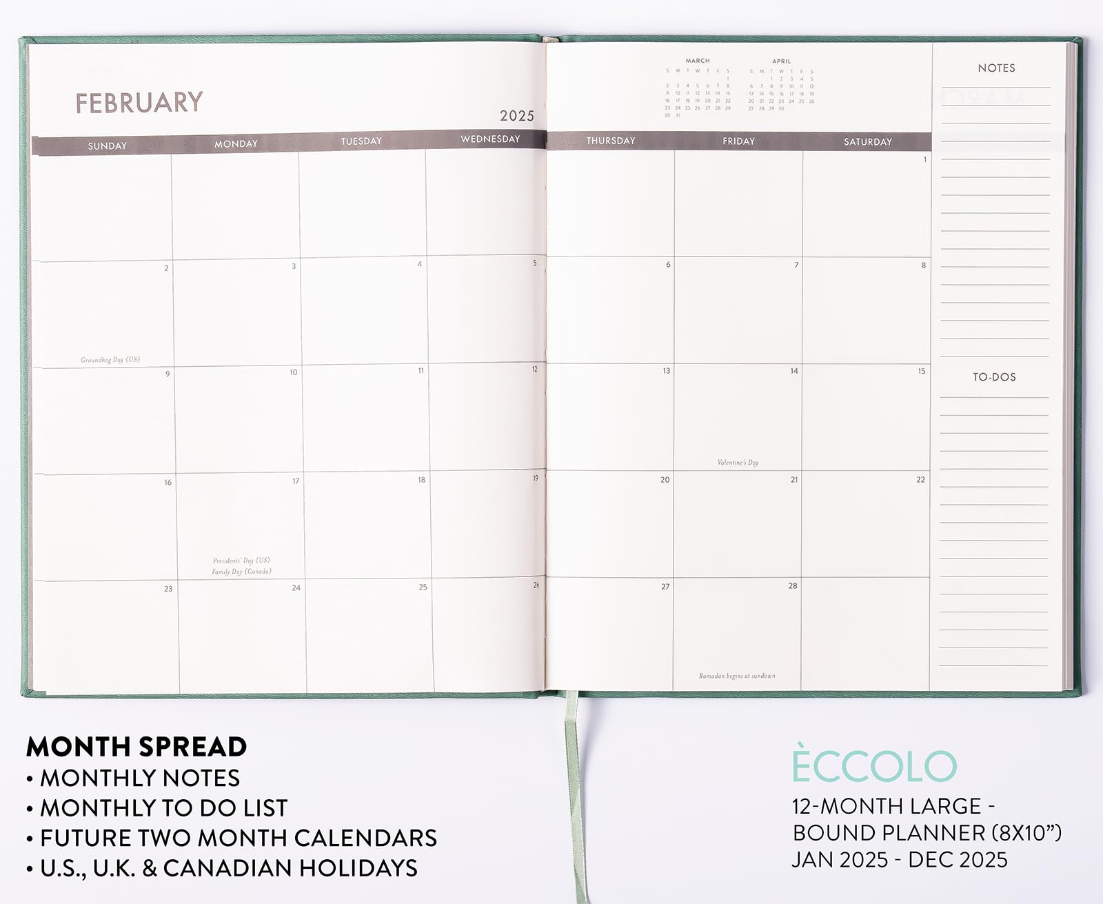 Eccolo 2025 Large Agenda Planner - 12 Month Weekly & Monthly Organizer with Habit & Gratitude Tracker, Hardcover 8x10