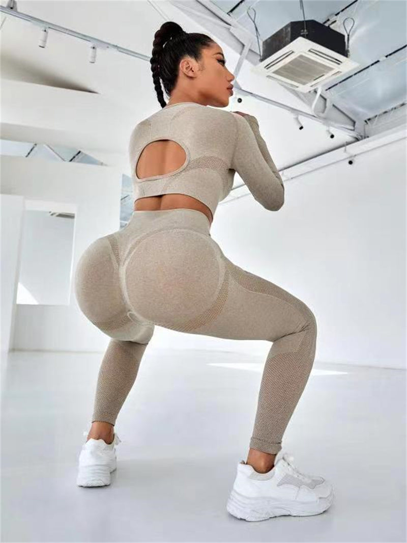 2-Piece Women's Workout Set - Long Sleeve Mesh Top & High Waist Butt Lifting Seamless Leggings | Gym Fitness Yoga Running Sportswear Outfit for Women | Perfect for Gym, Yoga, Running & Casual Wear