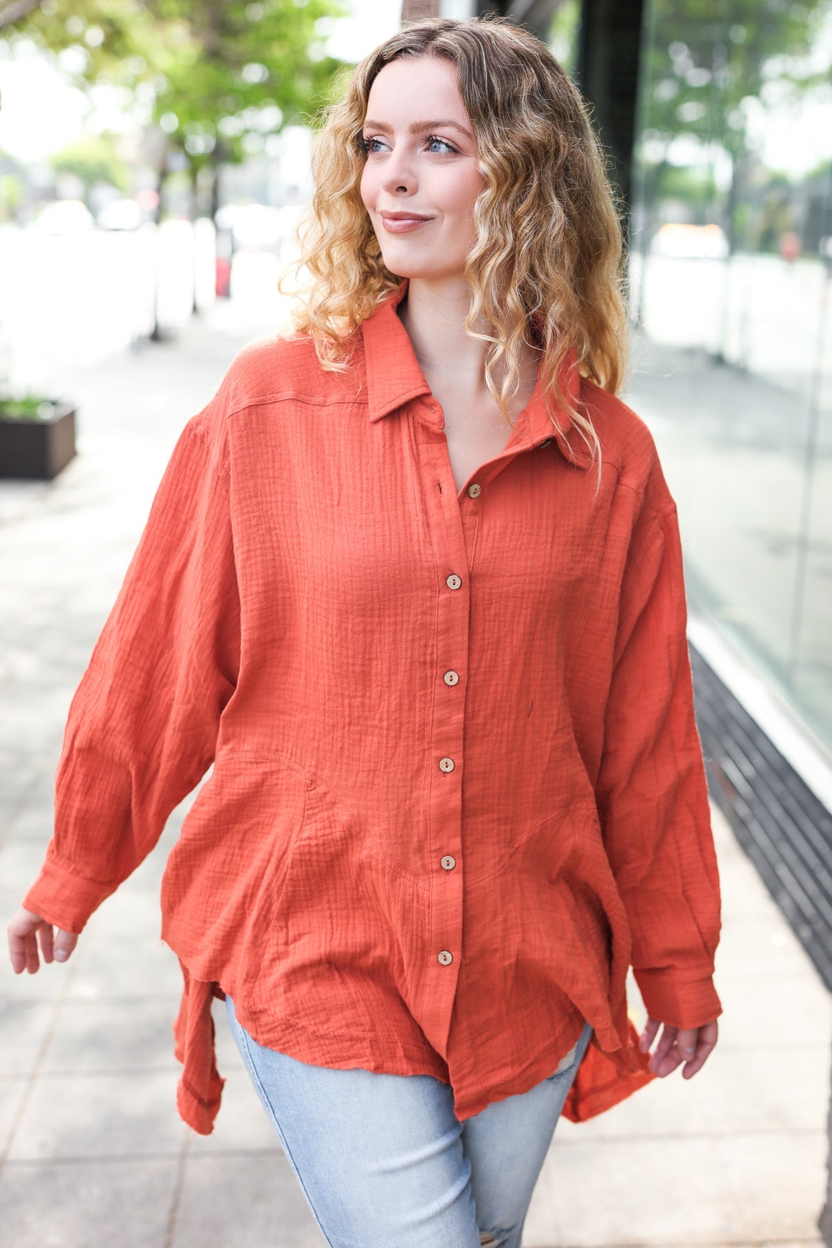 Stylish Rust Button Down Sharkbite Cotton Tunic Top for Women | Comfortable Everyday Wear | Perfect for Office, Casual Outings & Date Nights