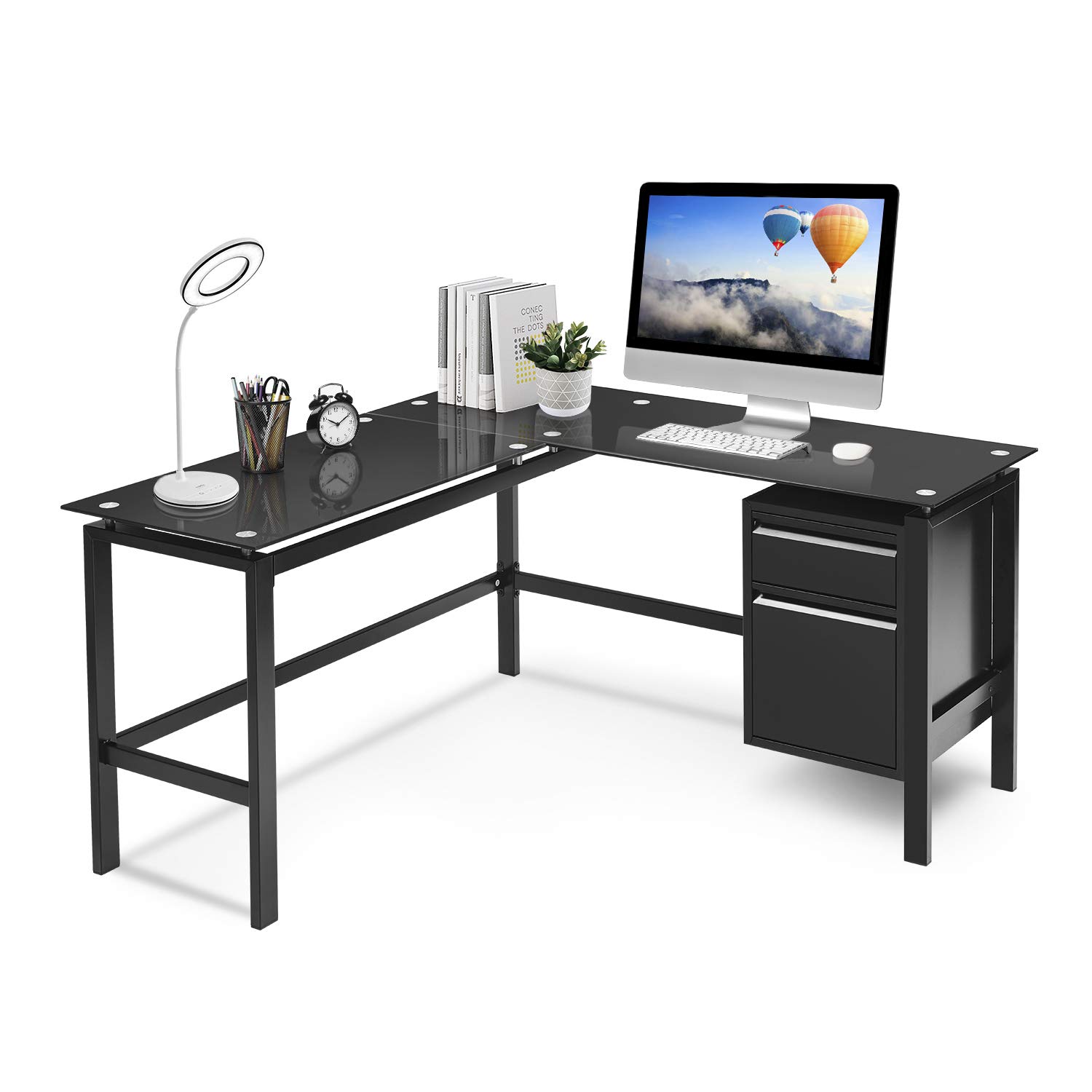 Modern L-Shaped Corner Desk for Home Office - Black Tempered Glass Computer Desk with 2 Drawers & Sturdy Metal Frame | Perfect for Small Spaces, Gaming Setup & Study Room