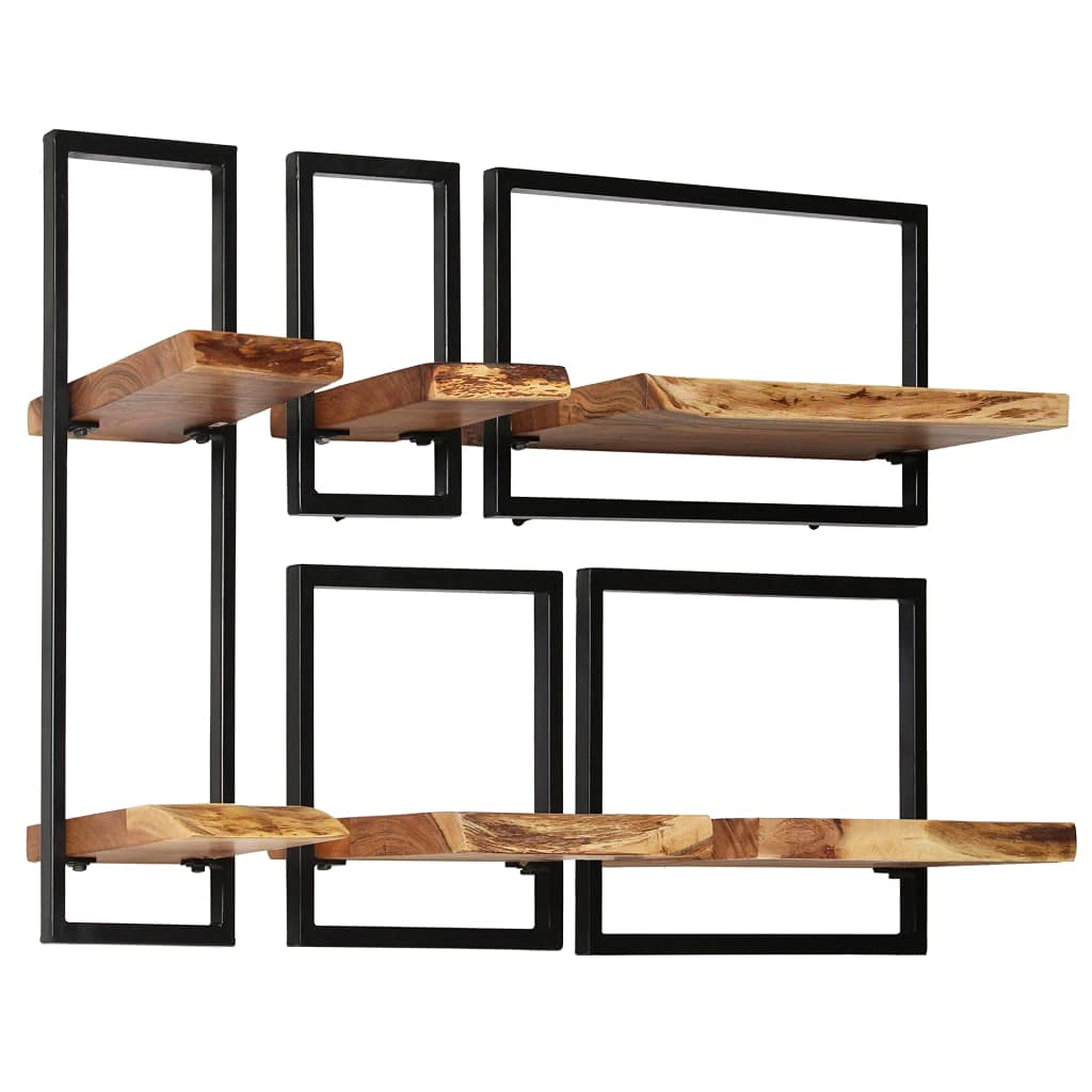5-Piece Wall Shelf Set - Solid Acacia Wood & Steel Floating Shelves - Perfect for Living Room, Bedroom, Kitchen Storage & Display Decor