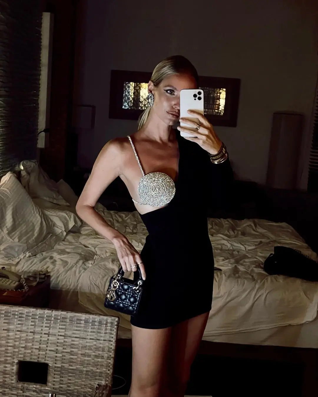 Wholesale Women's Sexy Black Rhinestone Spaghetti Strap Mini Bandage Dress for Cocktail Party & Night Out | Celebrity Inspired Clubwear | Perfect for Evening Events, Date Night & Special Occasions