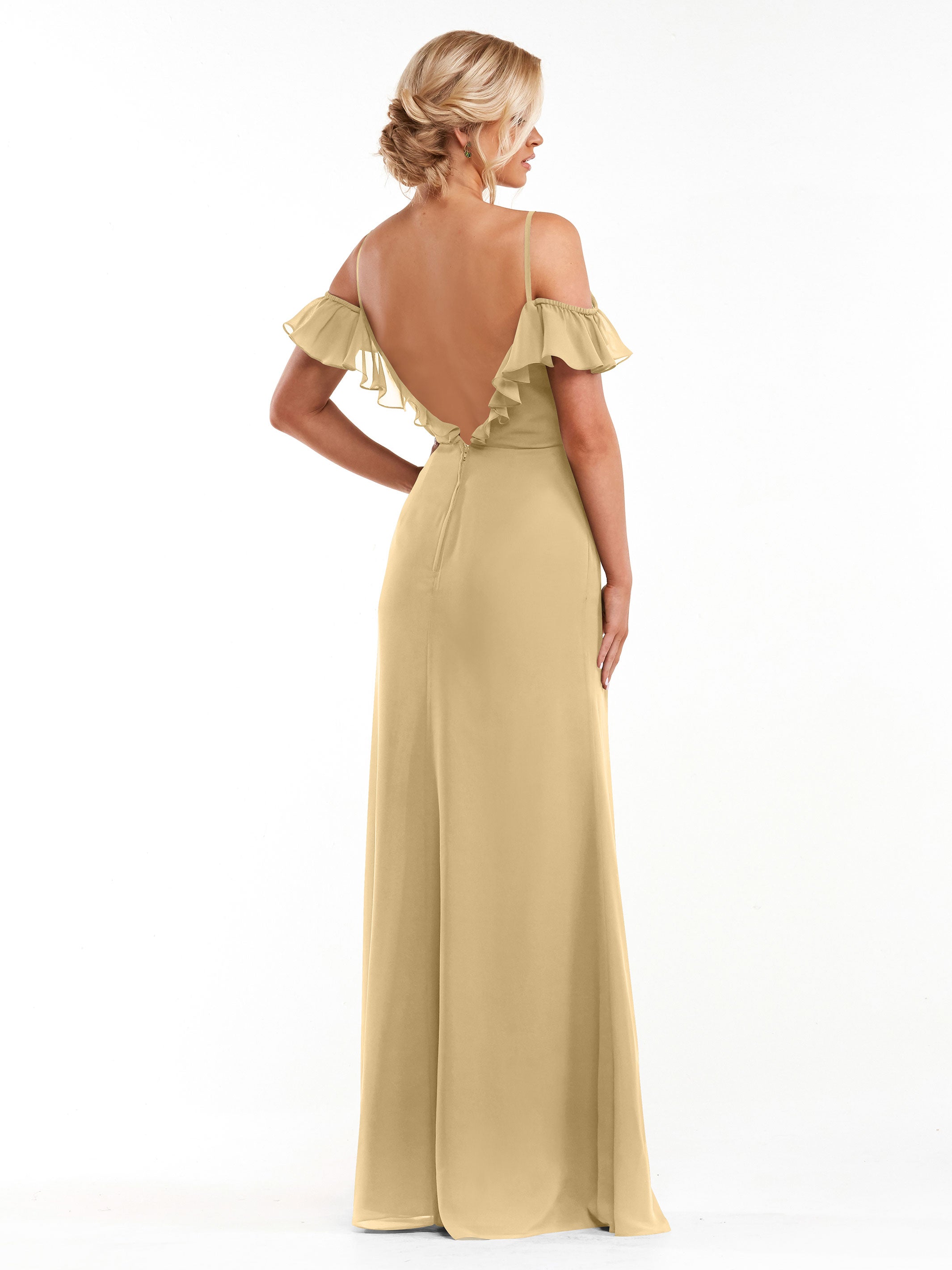 Elegant 80172 Chiffon Off-The-Shoulder A-Line Bridesmaid Dress with Ruffled Neckline - Perfect for Weddings, Formal Events & Evening Parties
