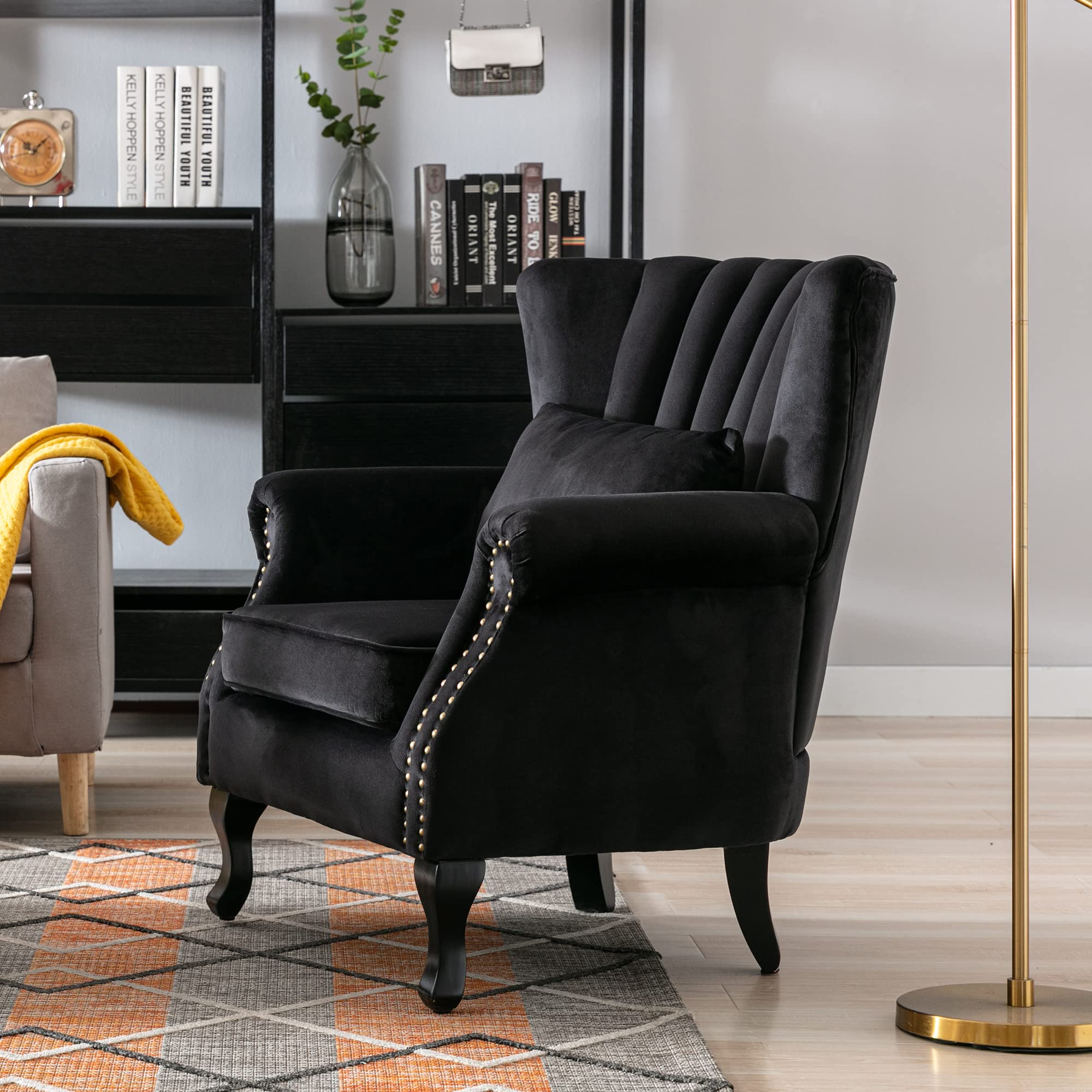 Mid-Century Modern Velvet Tufted Wingback Accent Armchair with Pillow - Stylish Lounge Chair for Living Room, Bedroom, or Office - Black